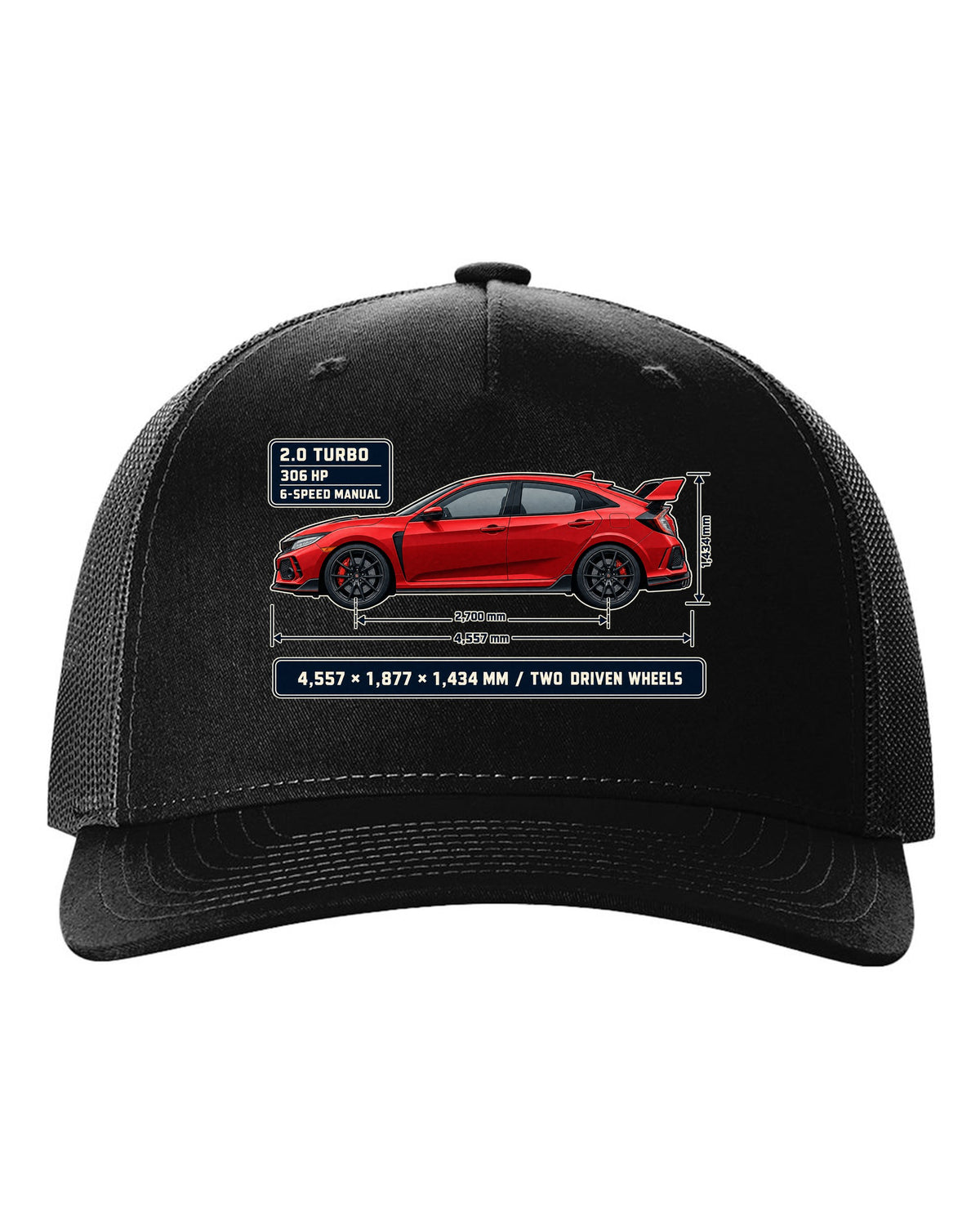 print dimension blueprint of a red Honda Civic Type R FK8 black hat front view with the design