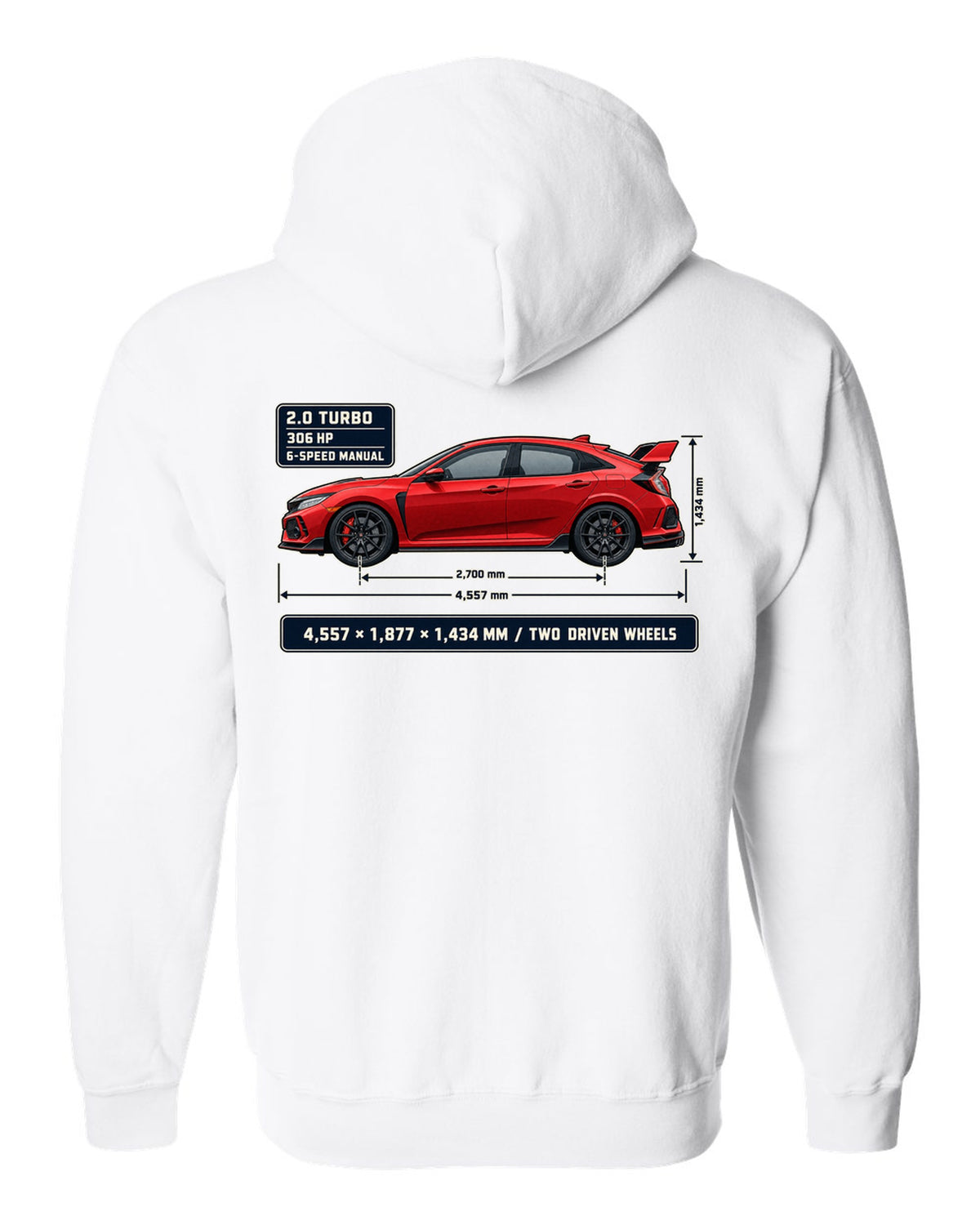print dimension blueprint of a red Honda Civic Type R FK8 white zip hoodie back view with the design