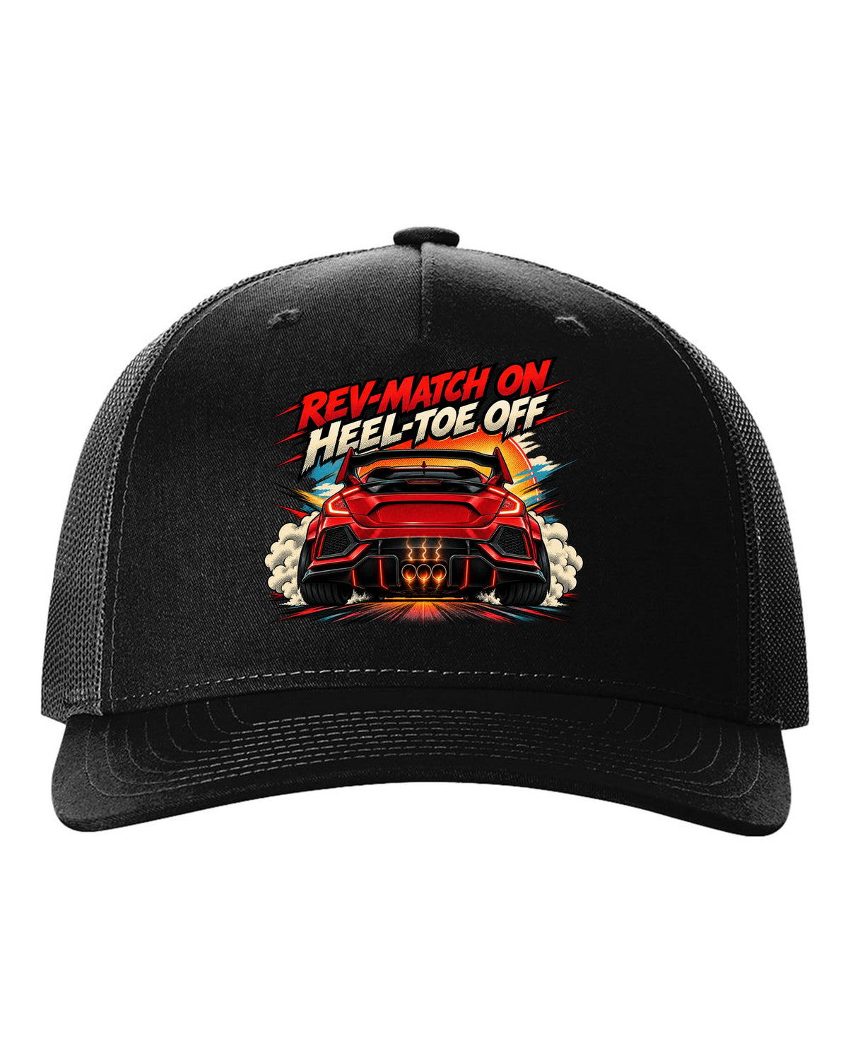 Halftone comic style Honda Civic Type R FK8 print with rev-match joke black hat front view with the design