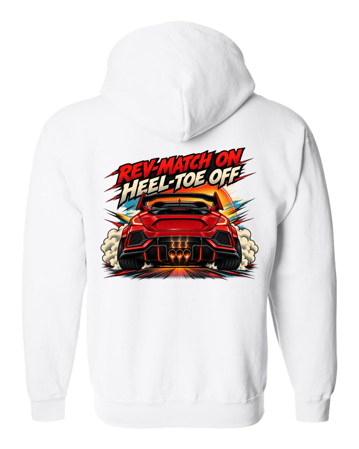 Halftone comic style Honda Civic Type R FK8 print with rev-match joke white zip hoodie back view with the design