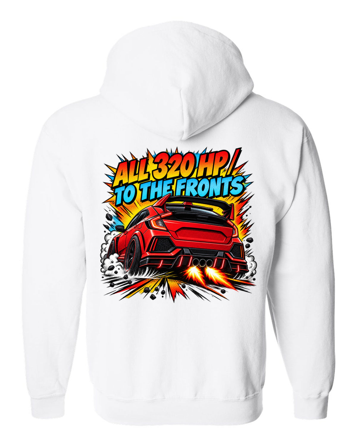 Halftone comic print of a Honda Civic Type R FK8 with triple exhaust and 320 HP text white zip hoodie back view with the design