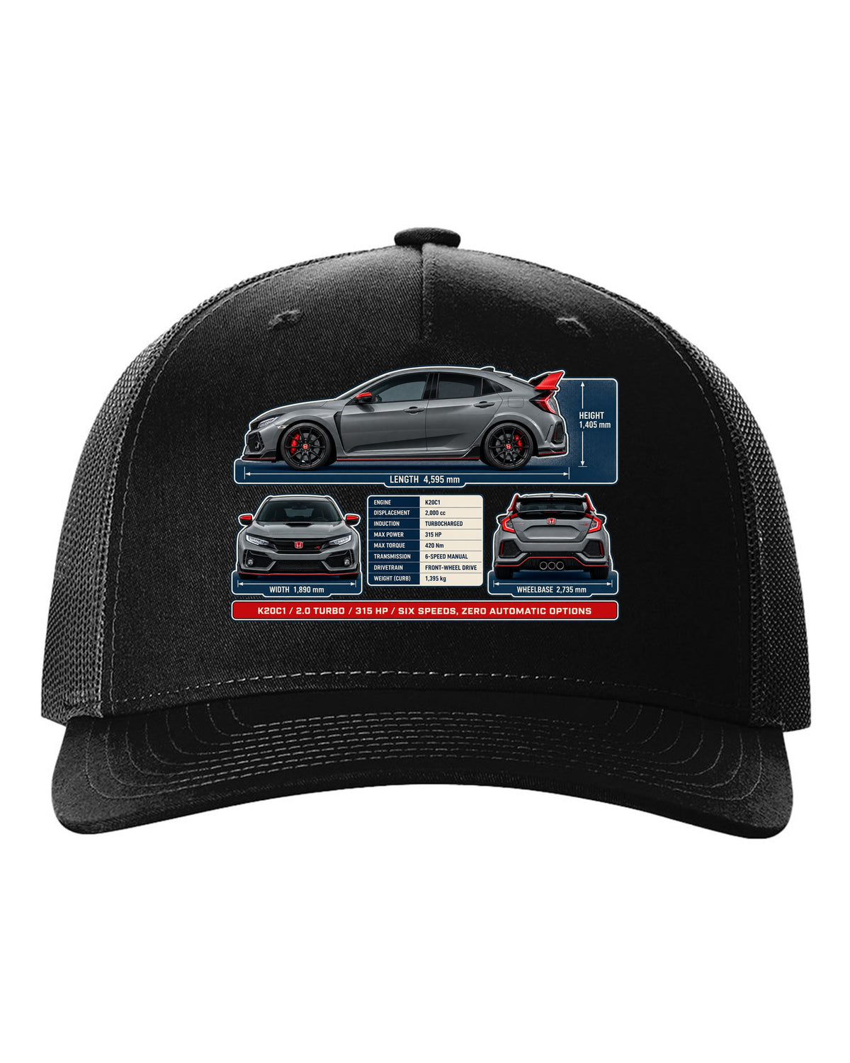 print dimension blueprint of a Honda Civic Type R FL5 in warm grey black hat front view with the design