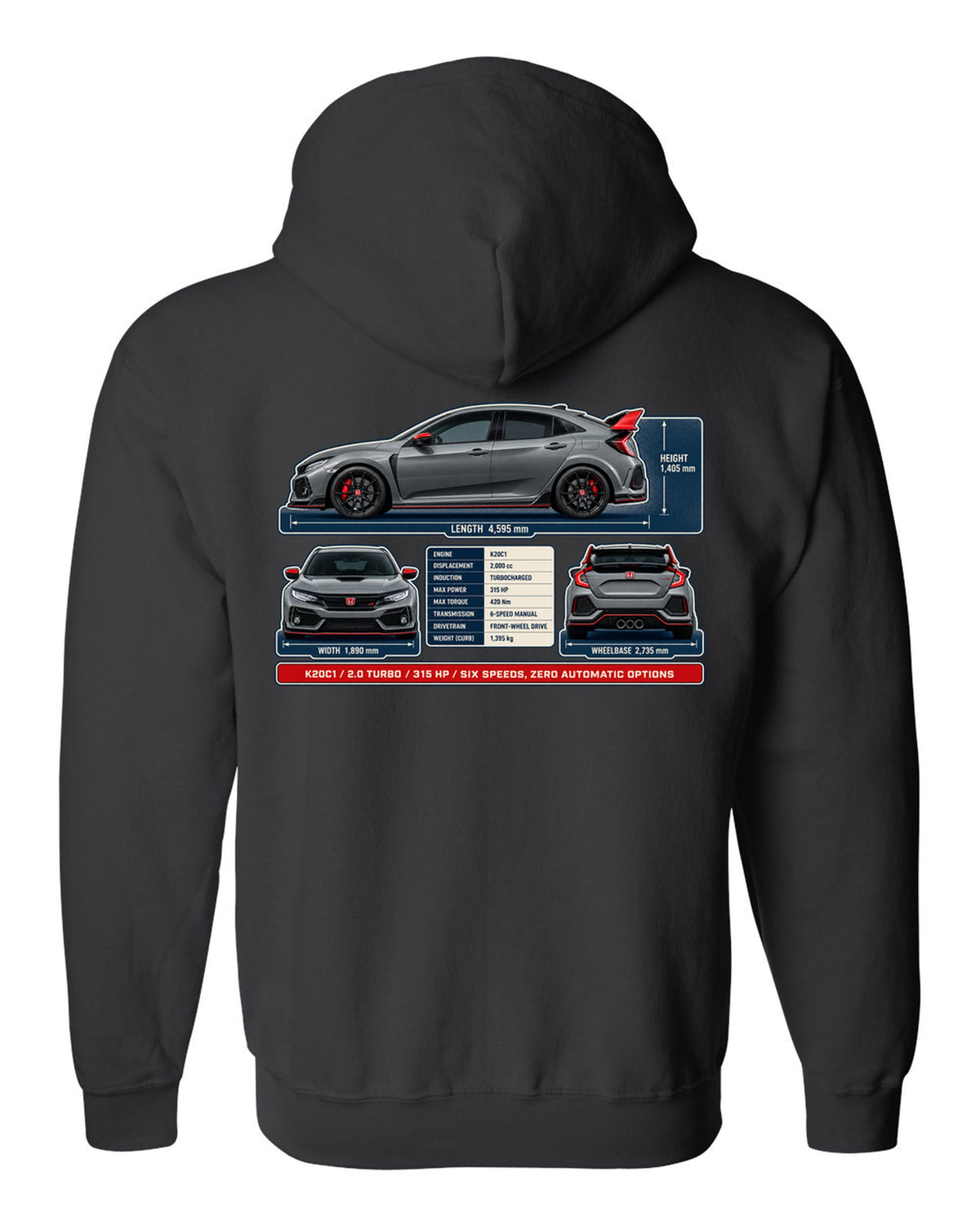 print dimension blueprint of a Honda Civic Type R FL5 in warm grey black zip hoodie back view with the design