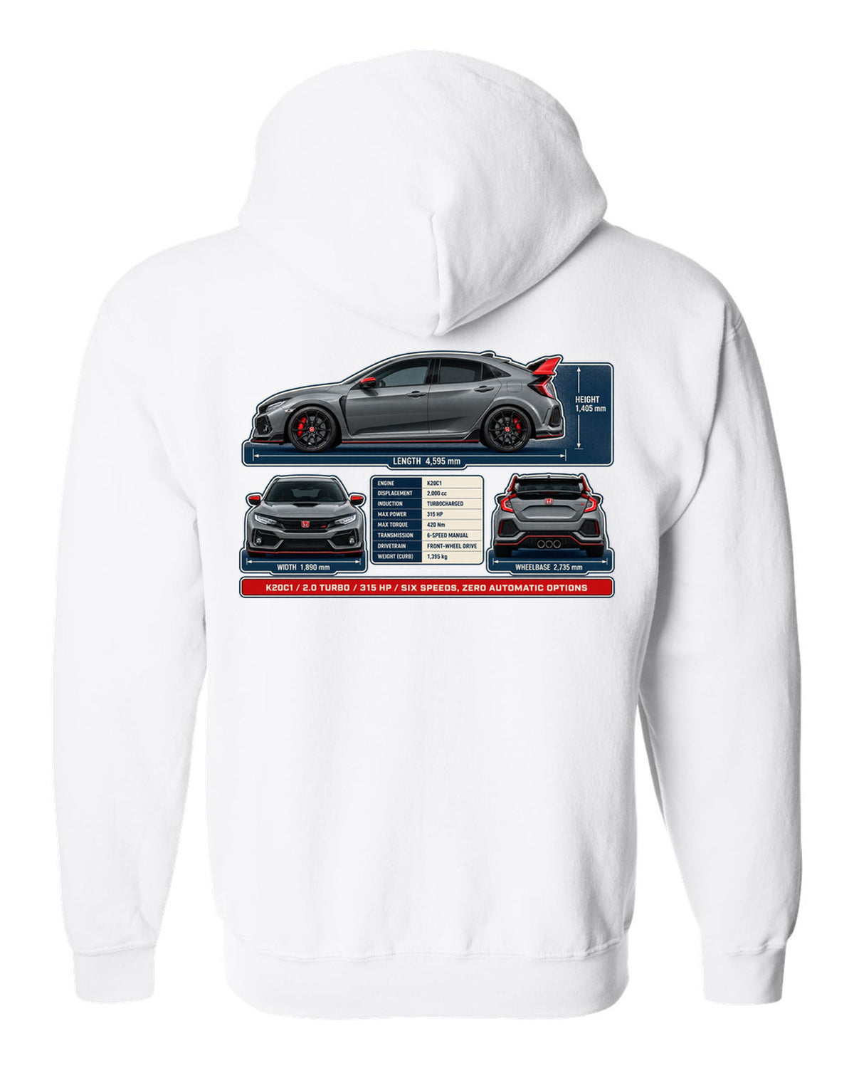 print dimension blueprint of a Honda Civic Type R FL5 in warm grey white zip hoodie back view with the design