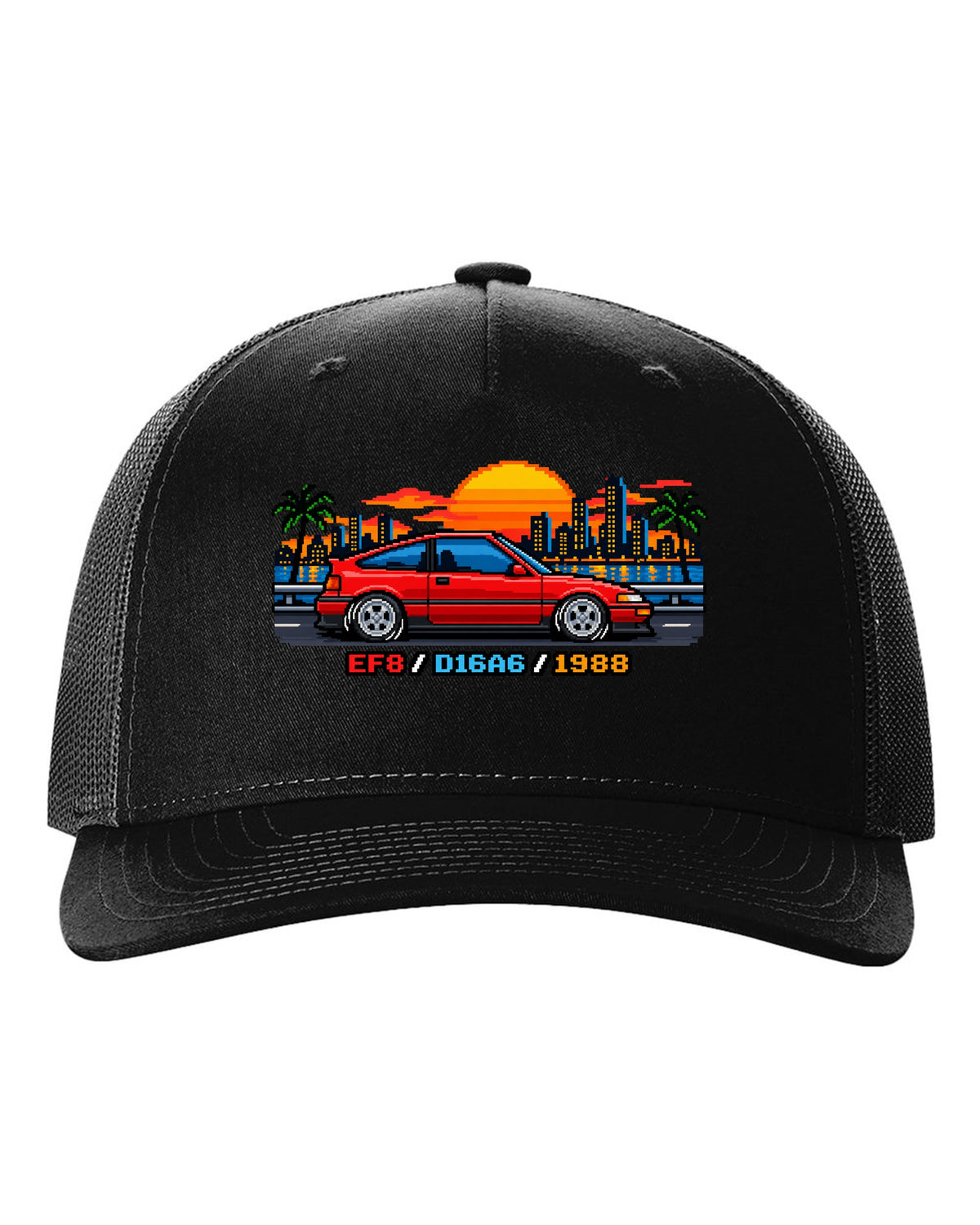16-bit pixel art Honda CRX EF8 print with D16A6 and 1988 text black hat front view with the design