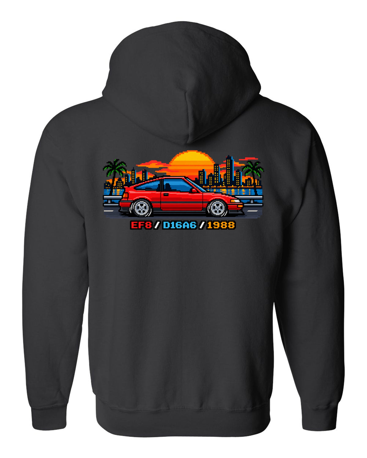 16-bit pixel art Honda CRX EF8 print with D16A6 and 1988 text black zip hoodie back view with the design