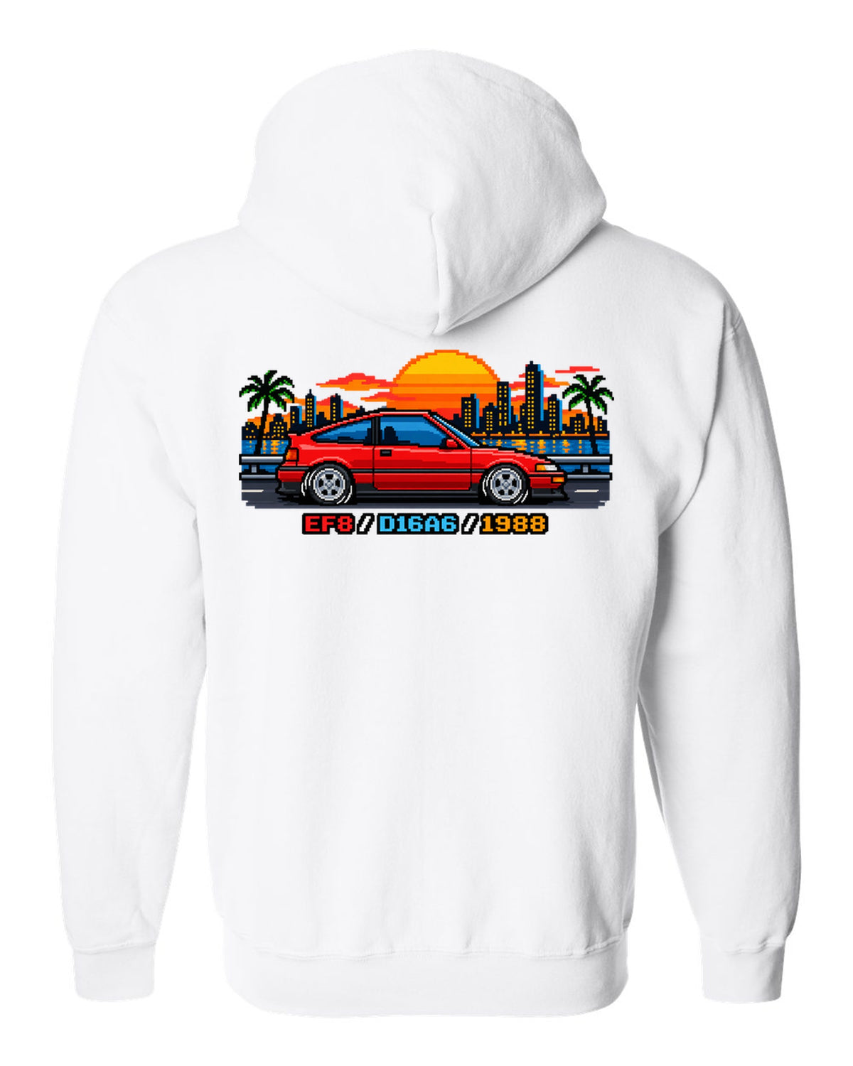 16-bit pixel art Honda CRX EF8 print with D16A6 and 1988 text white zip hoodie back view with the design