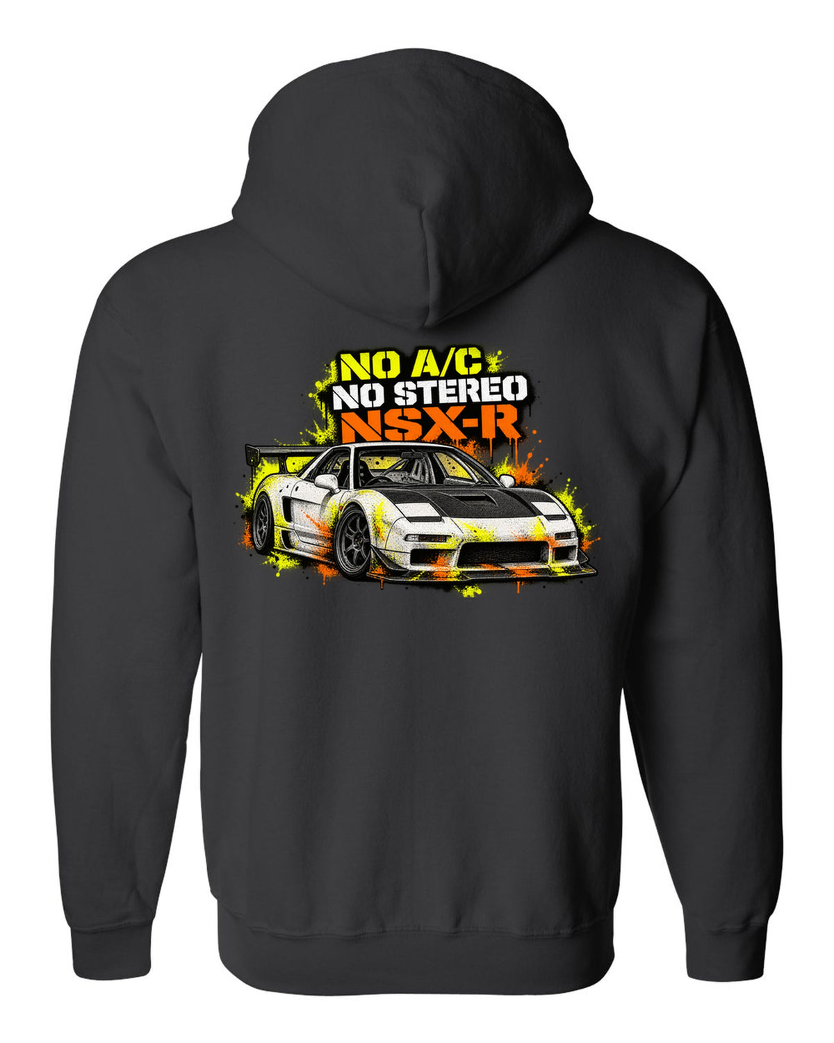 Risograph spot-colour print of a 1988 Honda CRX EF8 with B16A 950 KG Two Seats Only lettering black zip hoodie back view with the design
