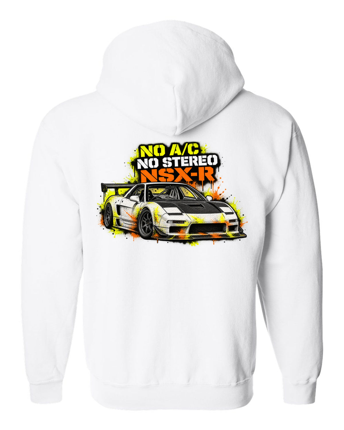 Risograph spot-colour print of a 1988 Honda CRX EF8 with B16A 950 KG Two Seats Only lettering white zip hoodie back view with the design