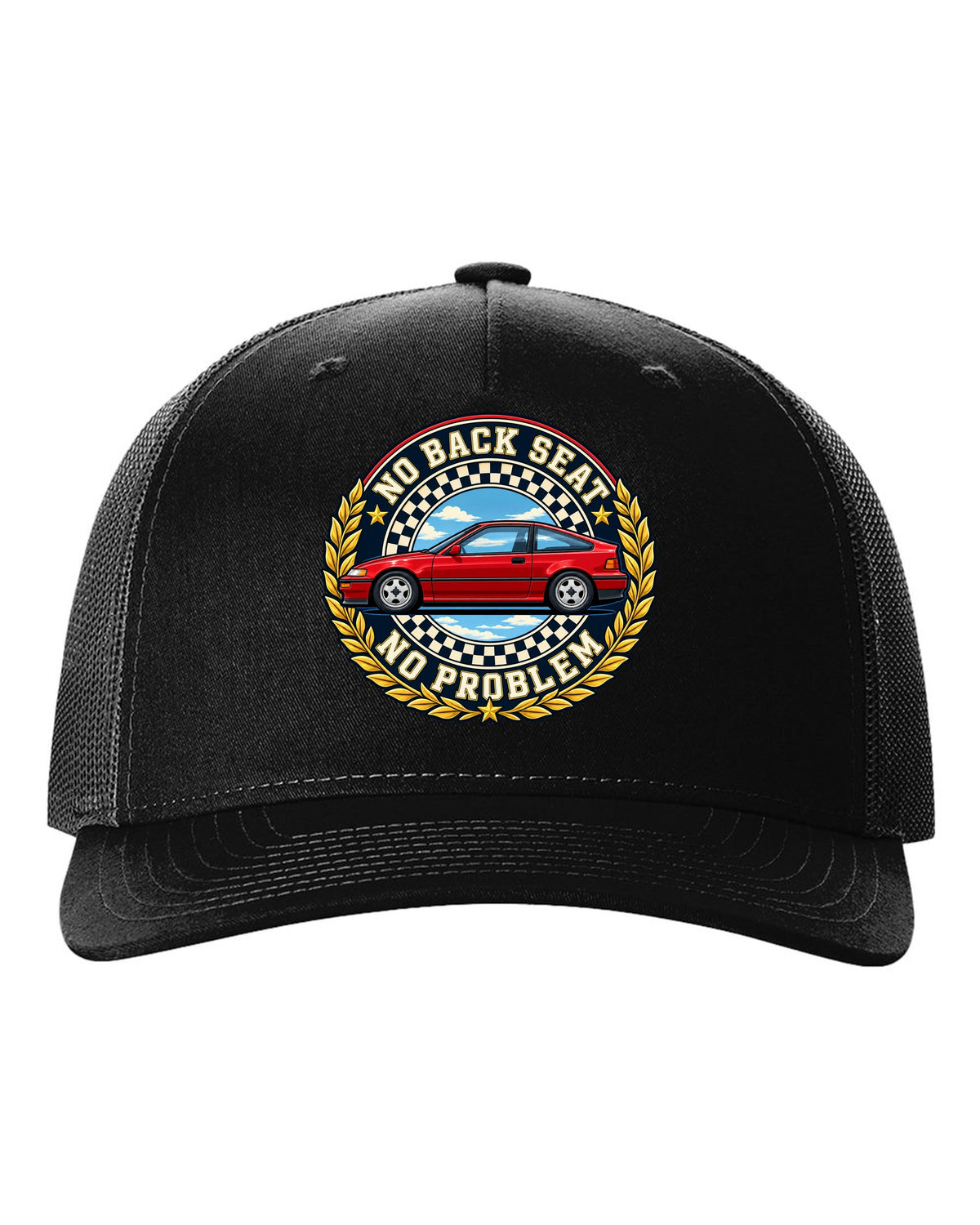 Crest layout print for the Honda CRX EF8 with no back seat text black hat front view with the design