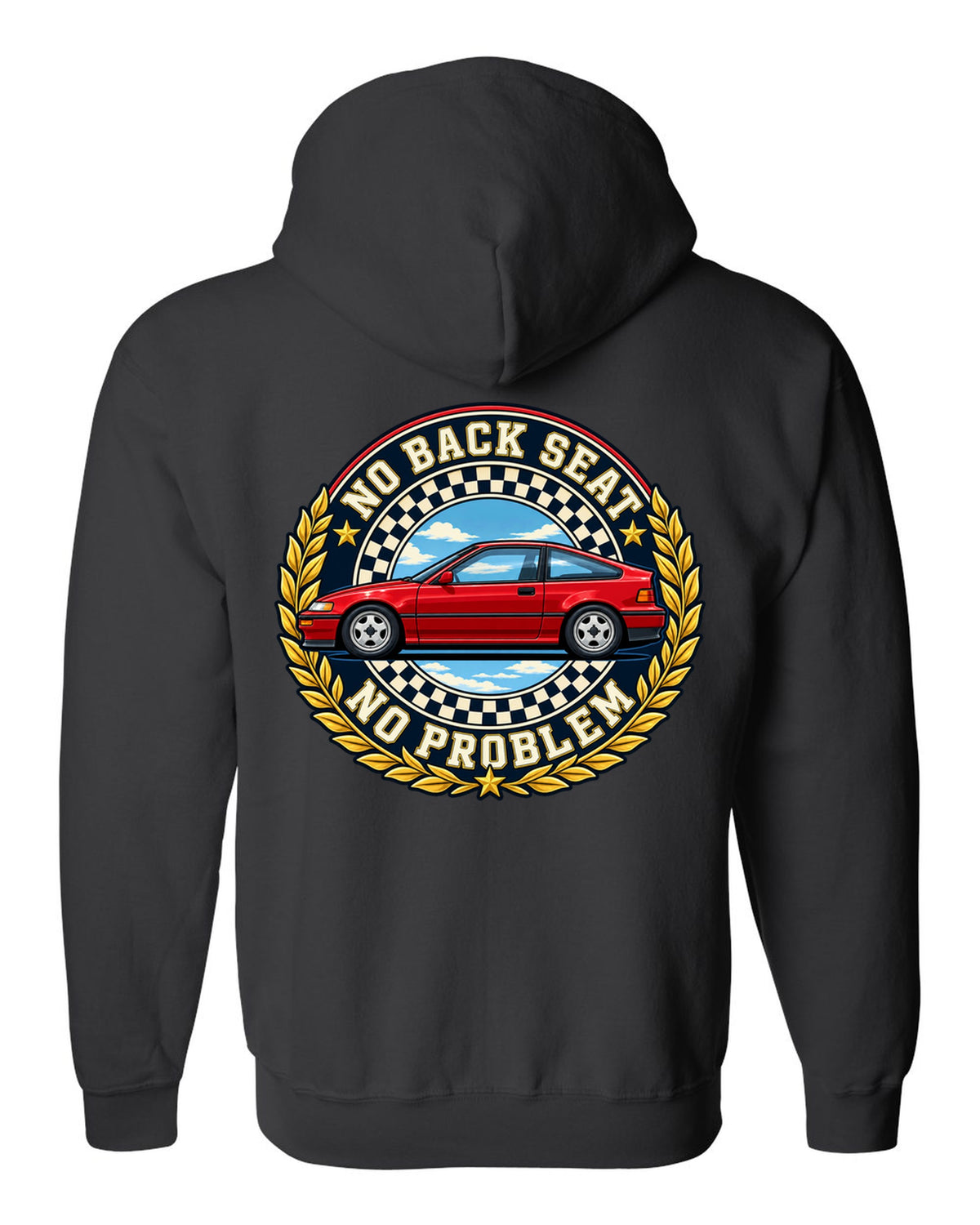 Crest layout print for the Honda CRX EF8 with no back seat text black zip hoodie back view with the design