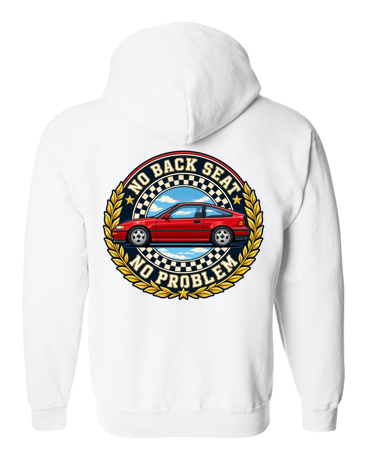Crest layout print for the Honda CRX EF8 with no back seat text white zip hoodie back view with the design