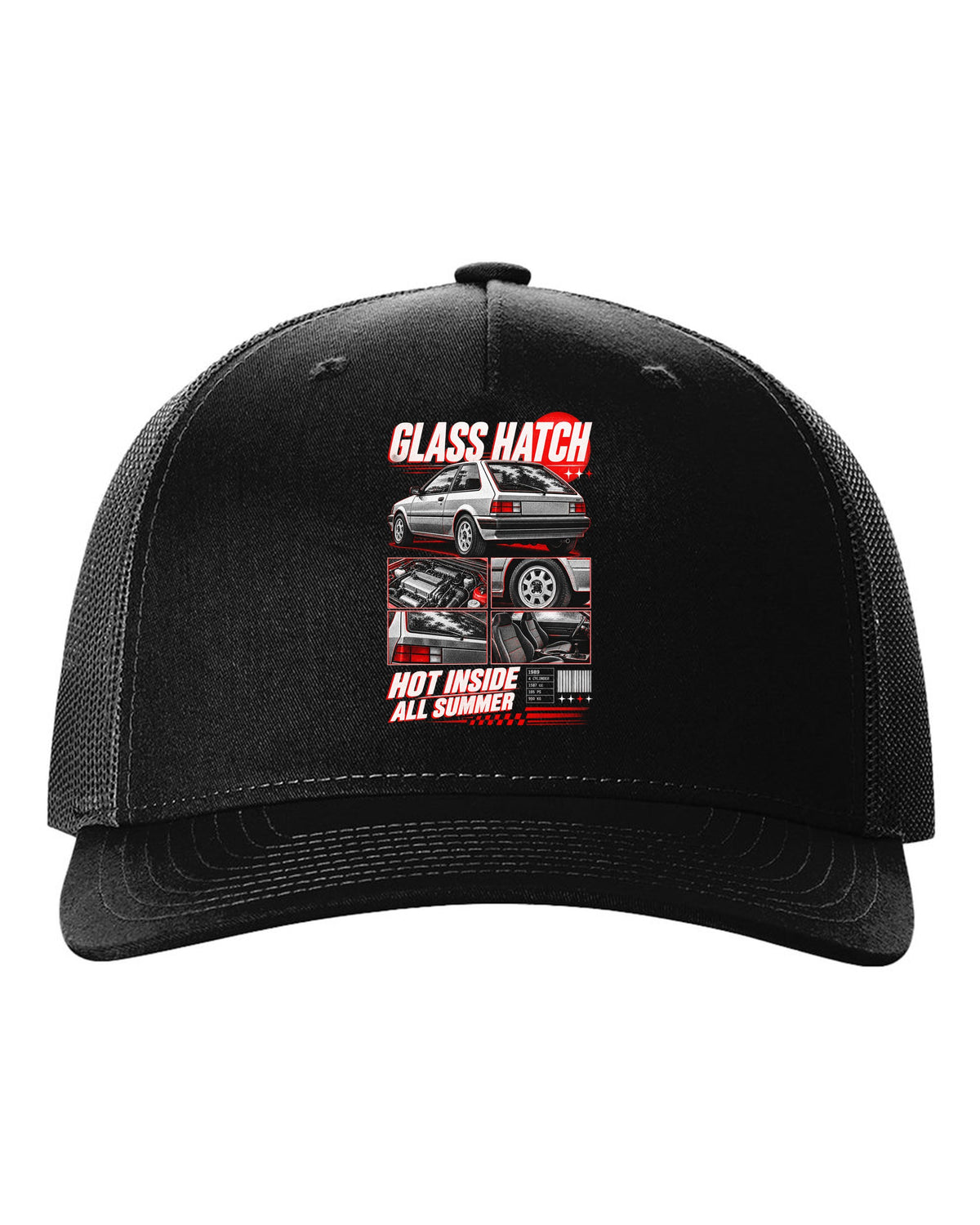 Dossier panel print for the 1989 Honda CRX EF8 Si about its glass ch being hot all summer black hat front view with the design