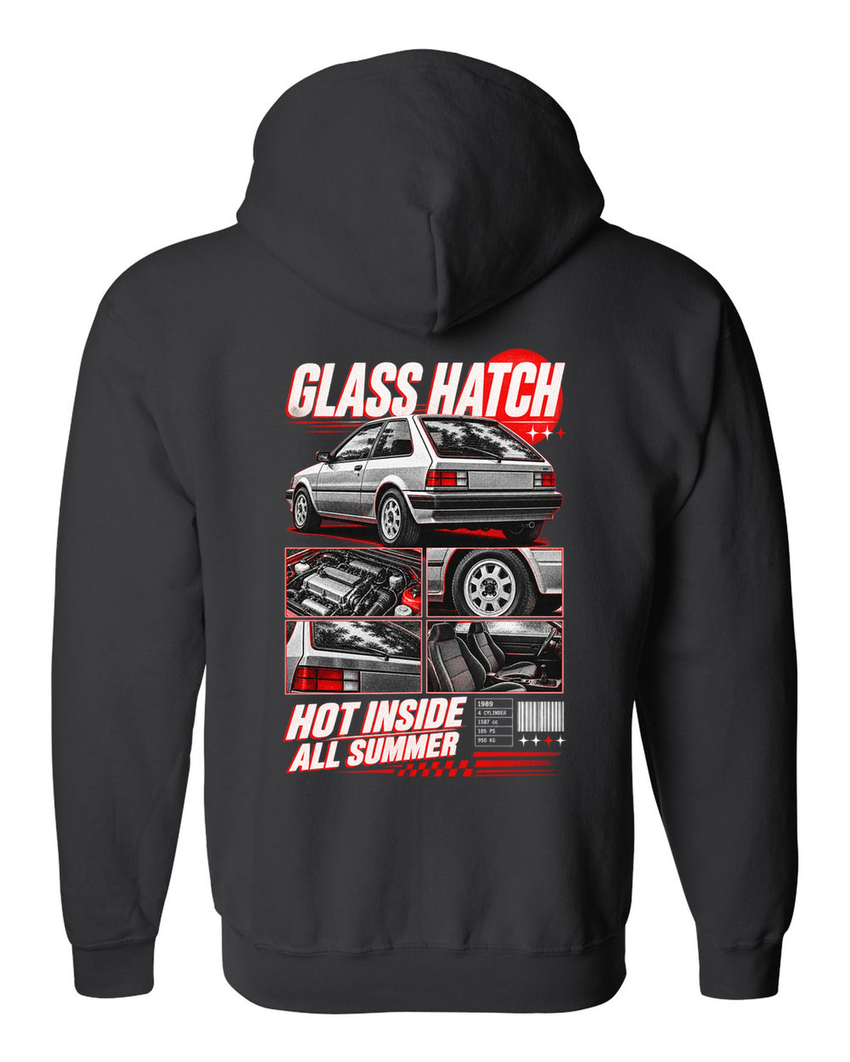 Dossier panel print for the 1989 Honda CRX EF8 Si about its glass ch being hot all summer black zip hoodie back view with the design