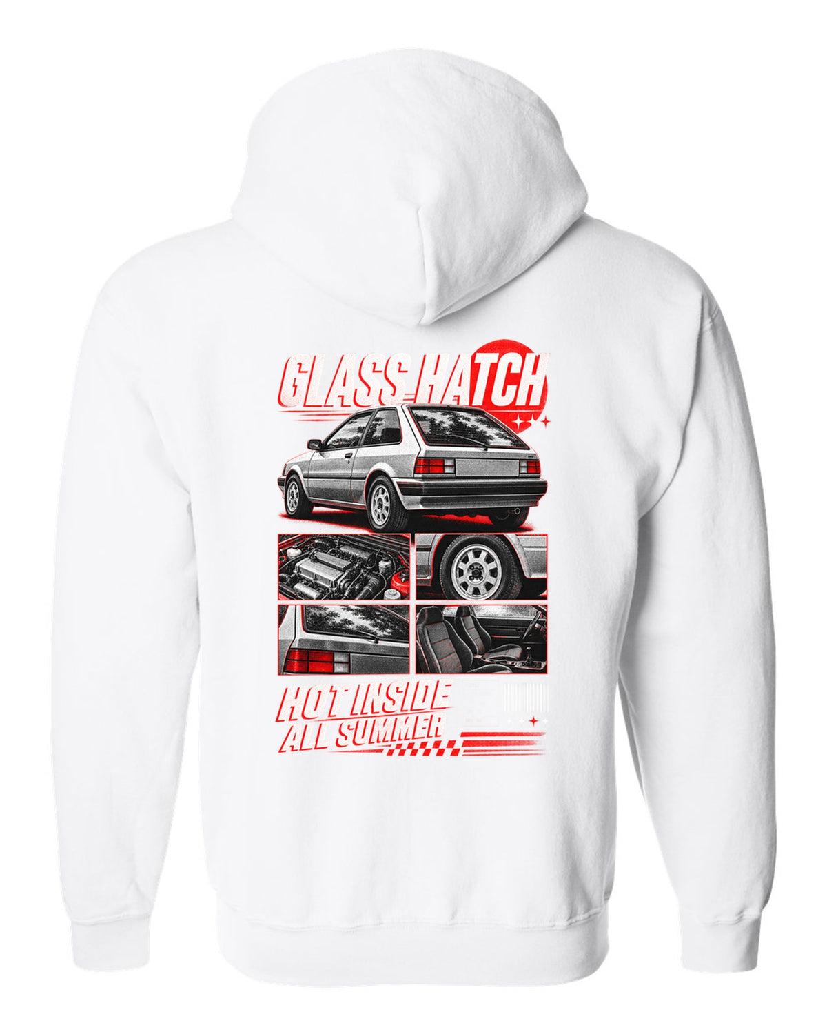 Dossier panel print for the 1989 Honda CRX EF8 Si about its glass ch being hot all summer white zip hoodie back view with the design