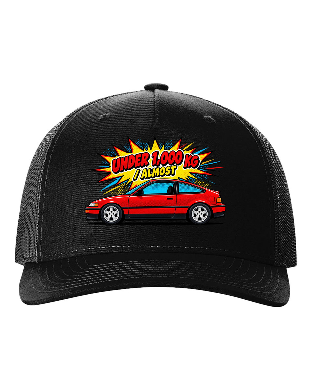 Pop-art Ben-Day halftone print of a Honda CRX EF8 Si with under 1,000 kg almost text black hat front view with the design