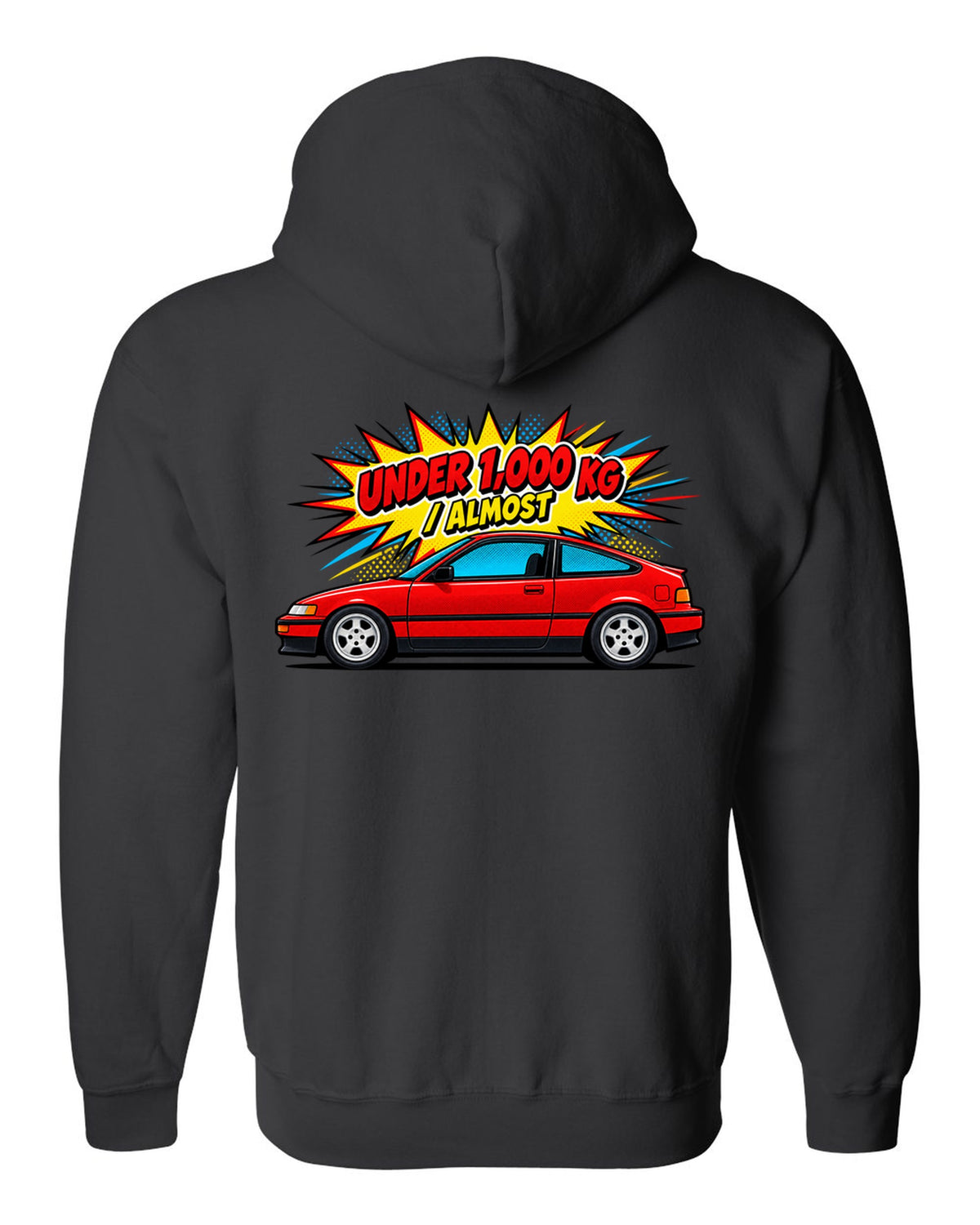 Pop-art Ben-Day halftone print of a Honda CRX EF8 Si with under 1,000 kg almost text black zip hoodie back view with the design