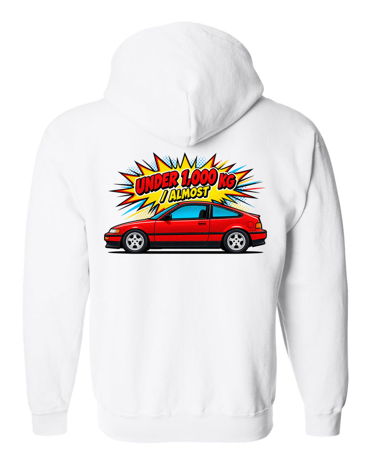 Pop-art Ben-Day halftone print of a Honda CRX EF8 Si with under 1,000 kg almost text white zip hoodie back view with the design