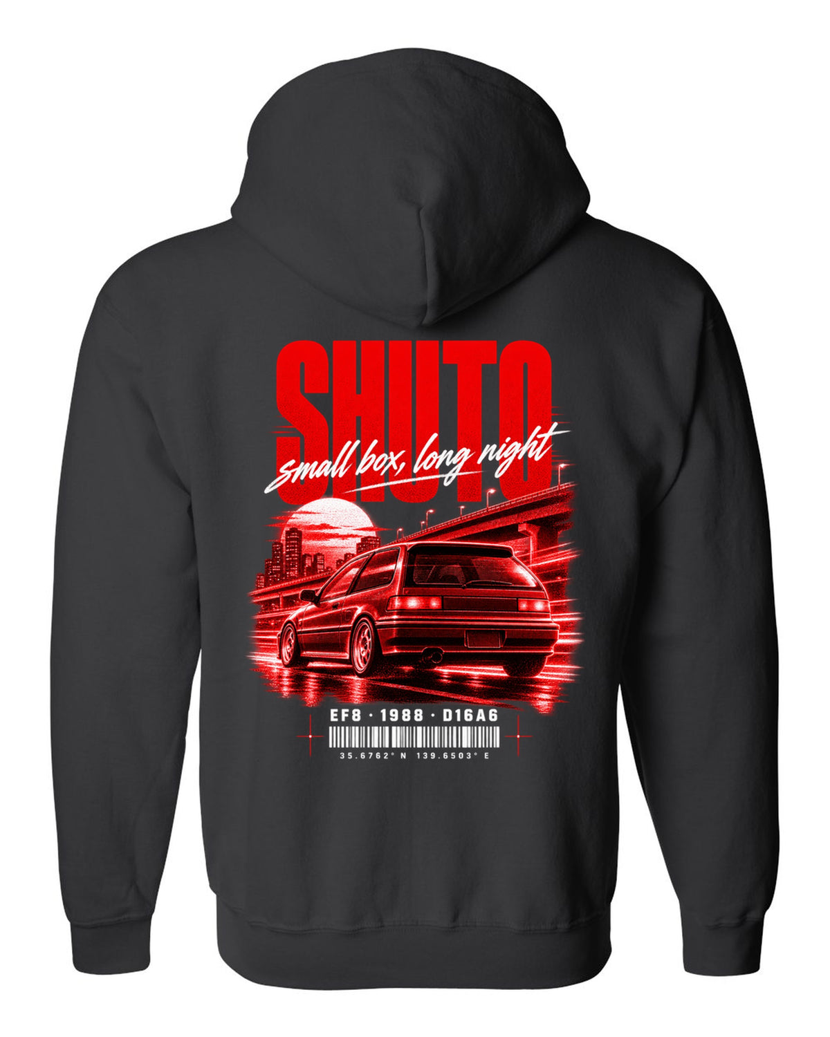 Street poster print for the 1988 Honda CRX EF8 Si with Shuto night lettering and D16A6 engine code black zip hoodie back view with the design