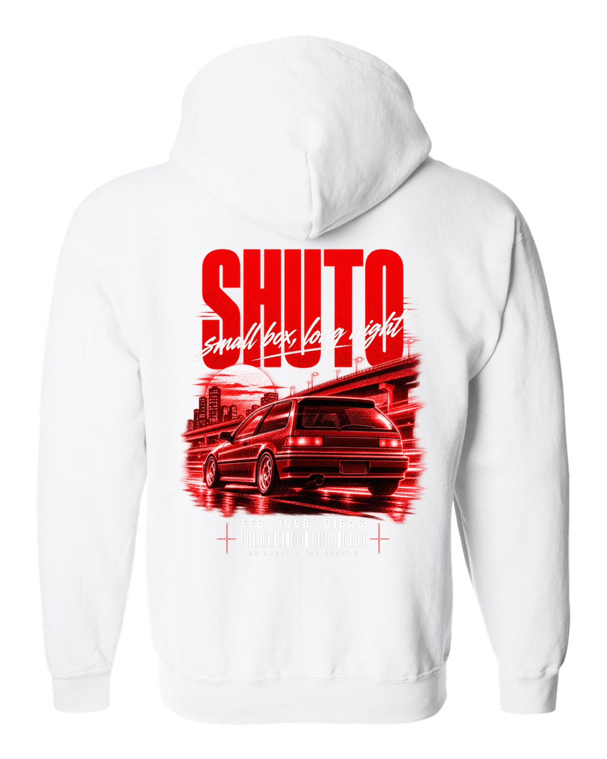 Street poster print for the 1988 Honda CRX EF8 Si with Shuto night lettering and D16A6 engine code white zip hoodie back view with the design