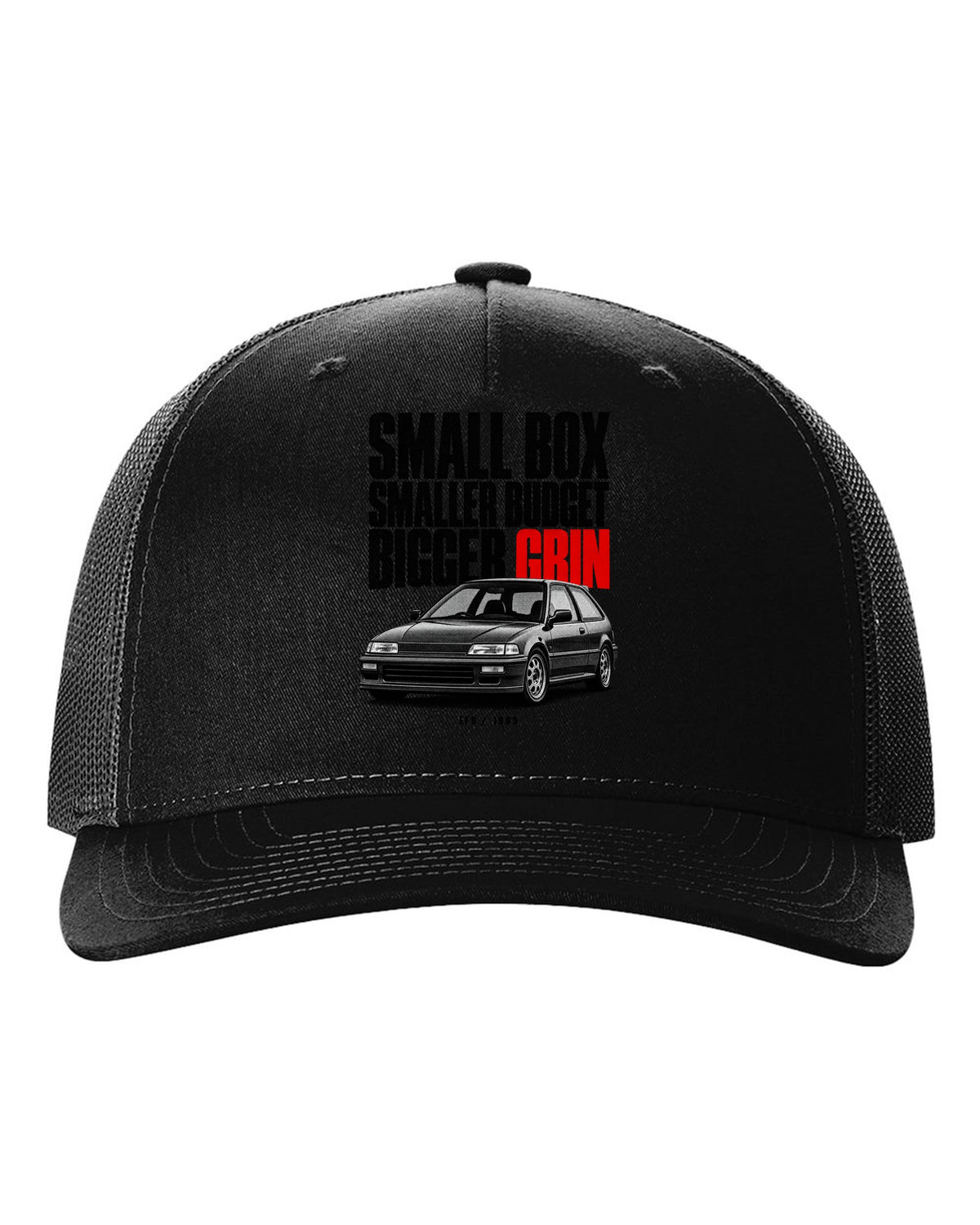 Halftone statement print for the 1990 Honda CRX EF8 Si reading small box, smaller budget, bigger grin black hat front view with the design