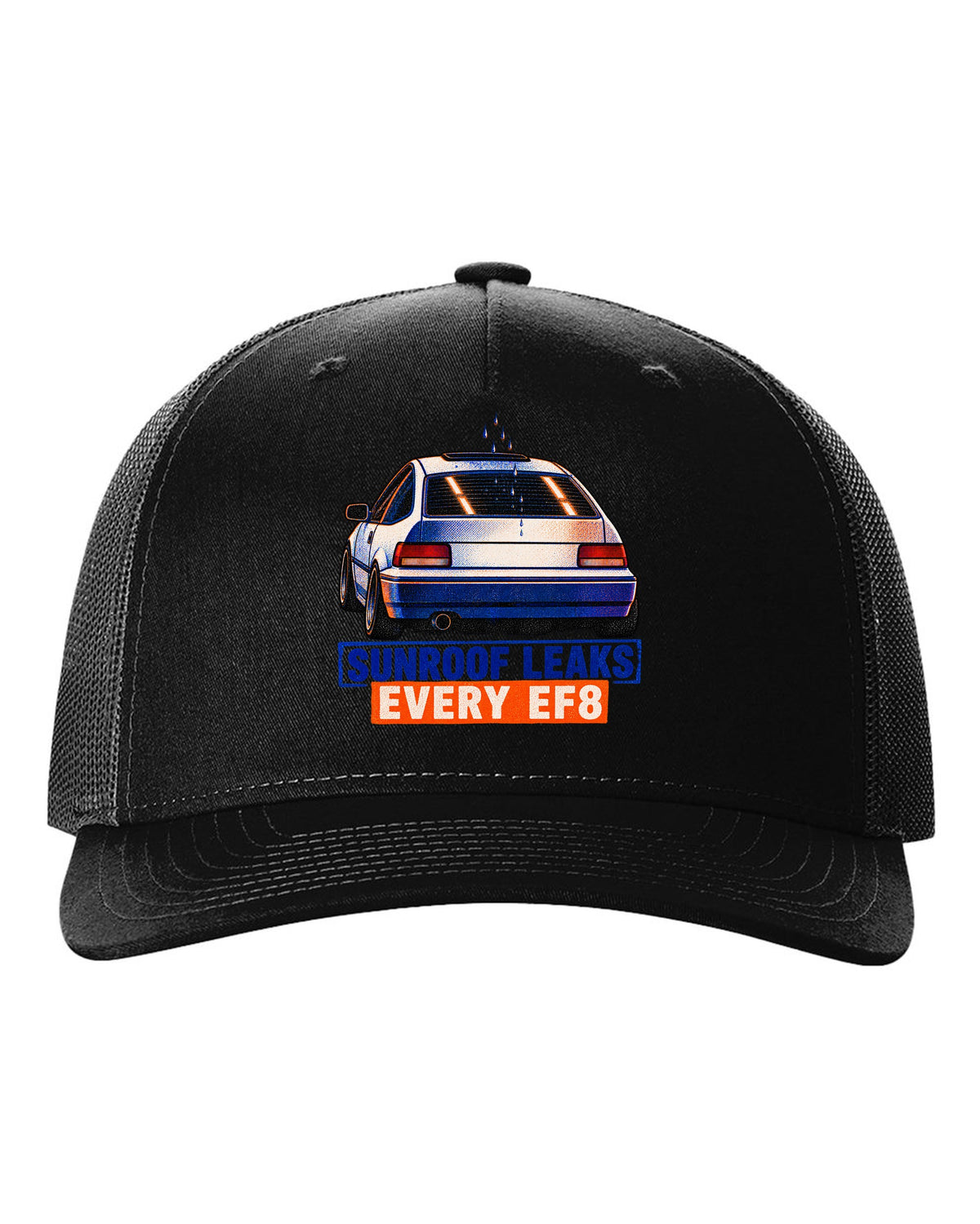 Risograph-style Honda CRX EF8 Si print with sunroof leak joke text black hat front view with the design