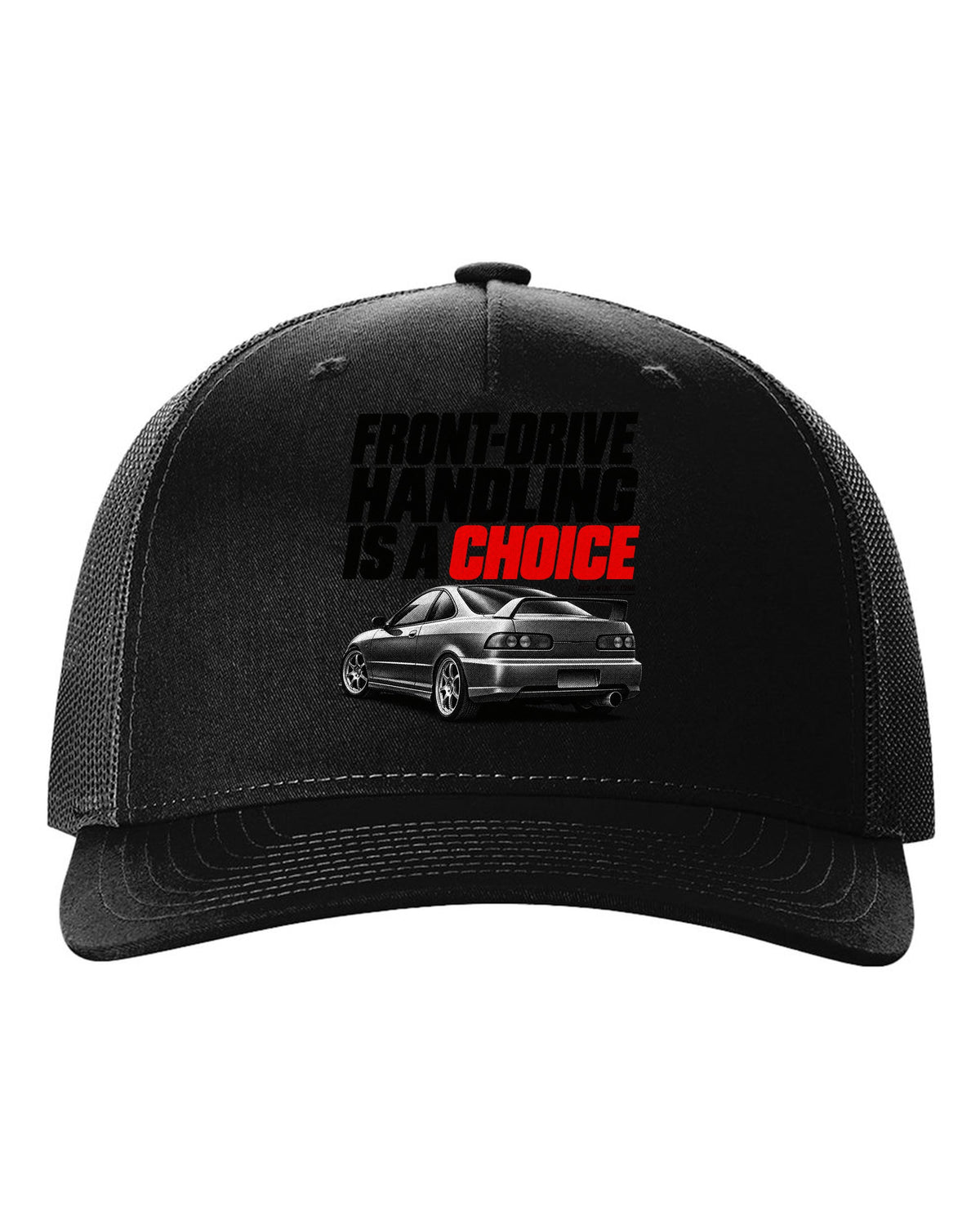 Honda Integra DC2 coupe halftone design with front-drive handling is a choice text black hat front view with the design