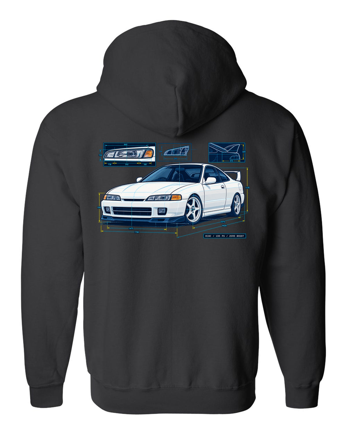 Blueprint line art of a 1995 Honda Integra DC2 headlight with B18C 195 PS Zero Boost lettering black zip hoodie back view with the design