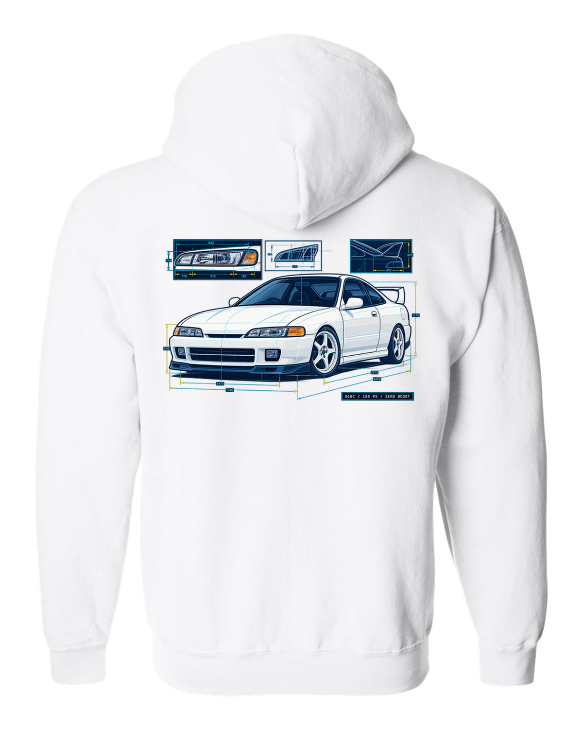 Blueprint line art of a 1995 Honda Integra DC2 headlight with B18C 195 PS Zero Boost lettering white zip hoodie back view with the design