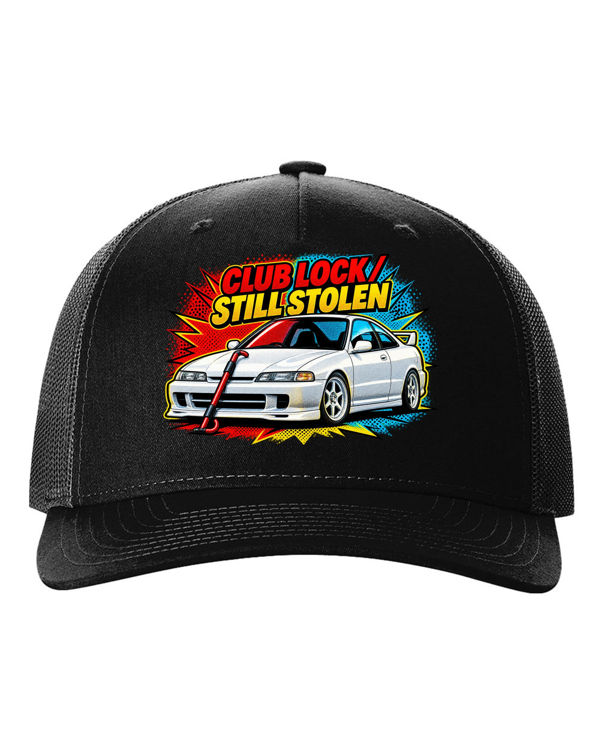 Pop-art halftone split of a 1995 Honda Integra DC2 coupe with Club Lock Still Stolen lettering black hat front view with the design