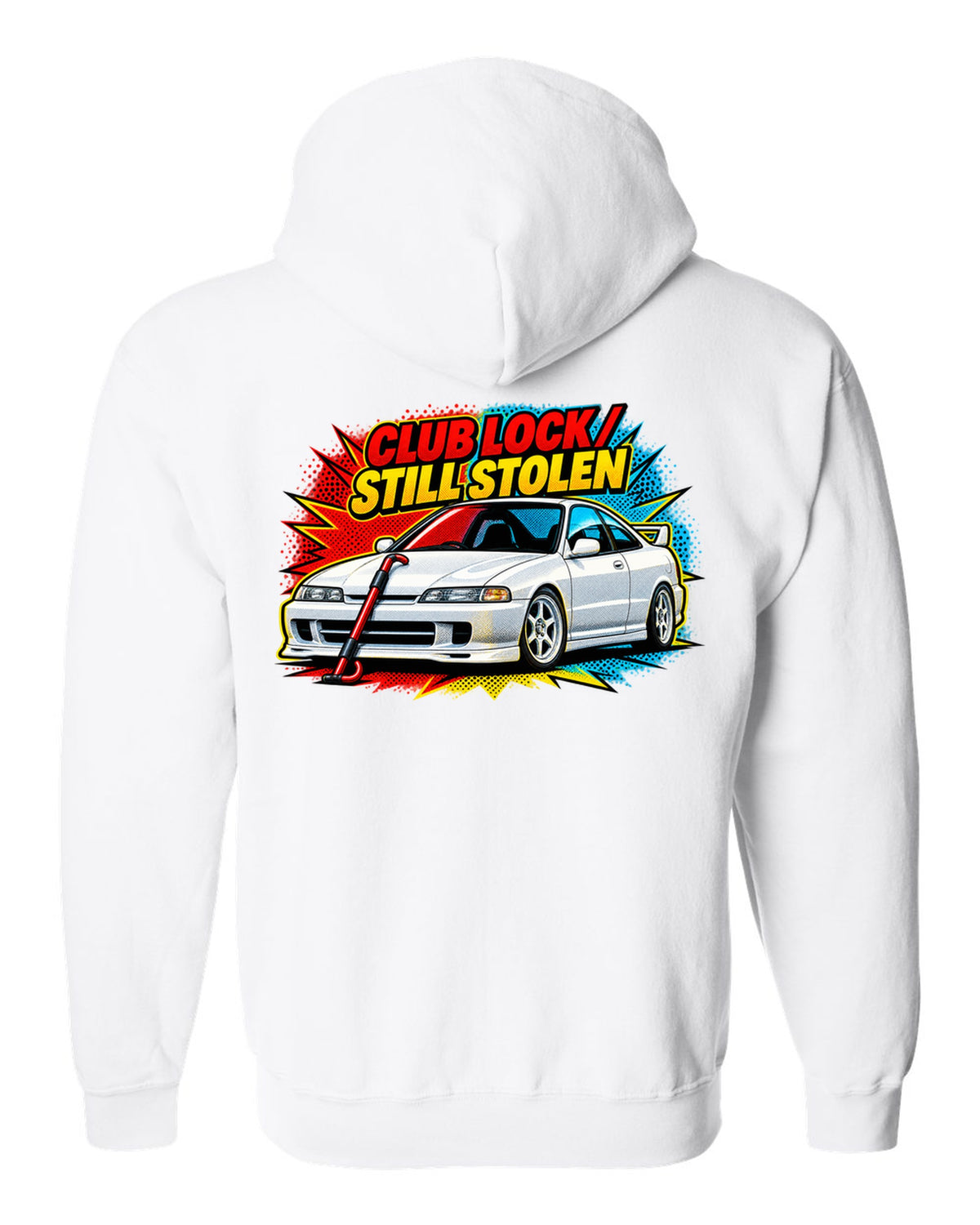 Pop-art halftone split of a 1995 Honda Integra DC2 coupe with Club Lock Still Stolen lettering white zip hoodie back view with the design