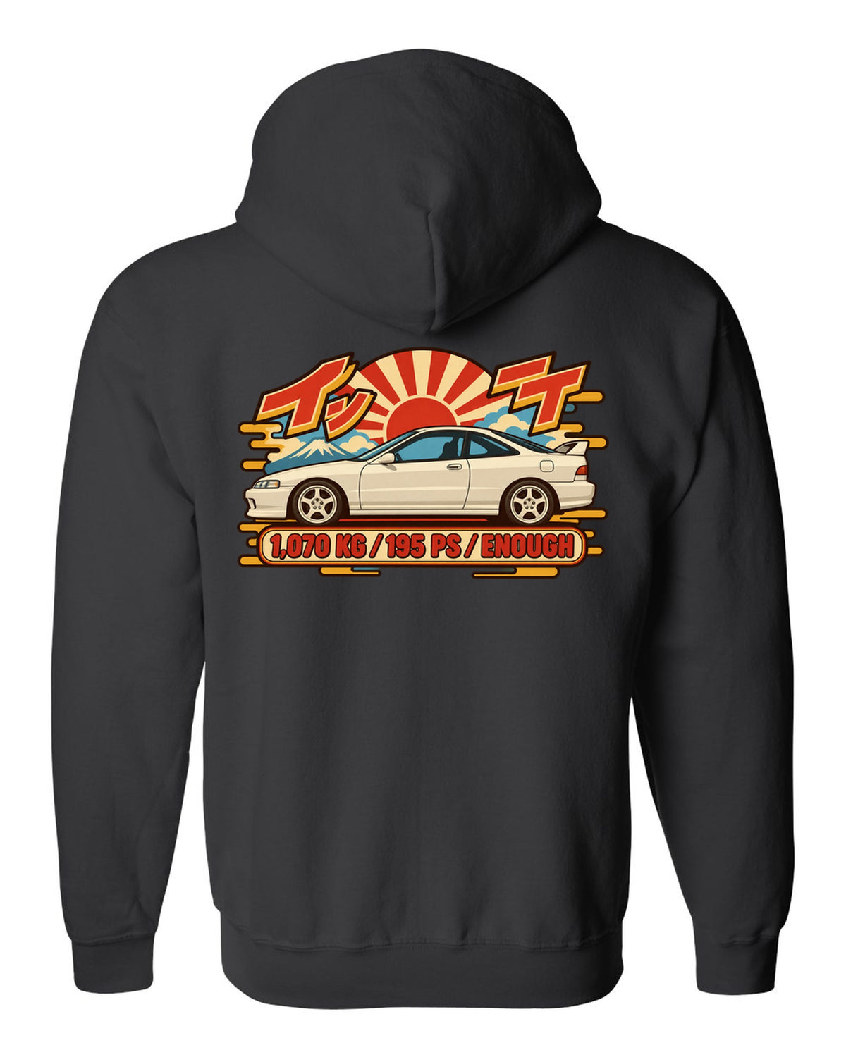 Showa catalogue ad style print of a 1995 Honda Integra DC2 coupe with 1,070 KG and 195 PS text black zip hoodie back view with the design