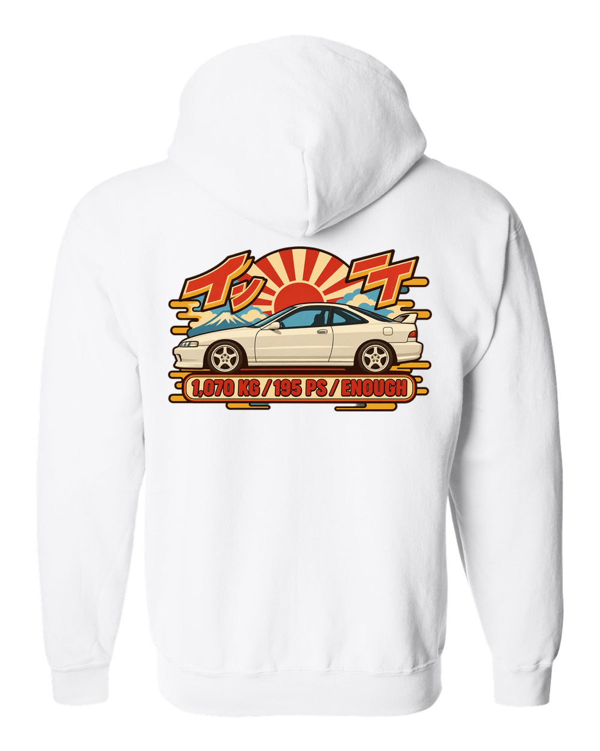 Showa catalogue ad style print of a 1995 Honda Integra DC2 coupe with 1,070 KG and 195 PS text white zip hoodie back view with the design