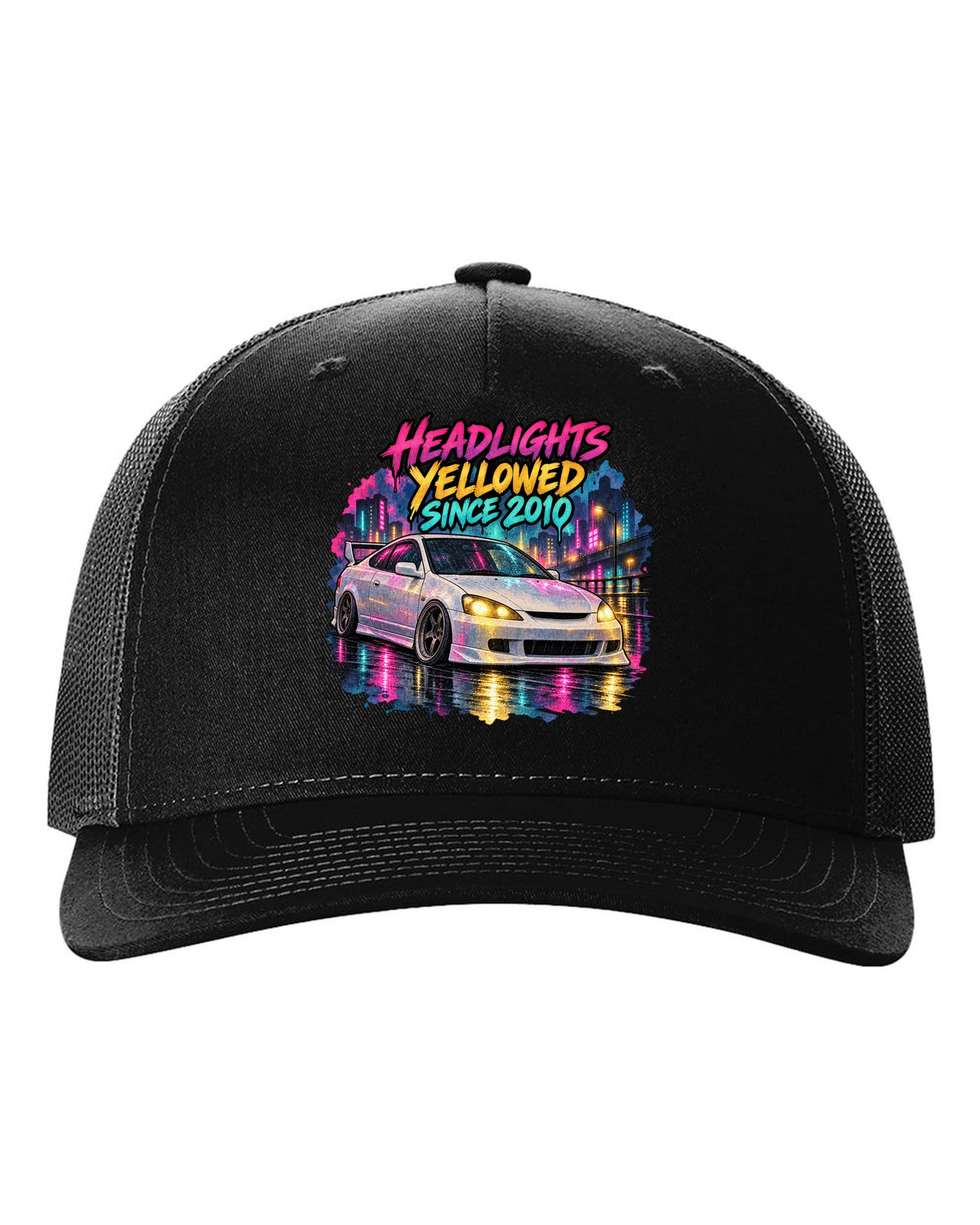 Sticker bomb collage print of a 1995 Honda Integra DC2 coupe with Teg is not an ITR text black hat front view with the design