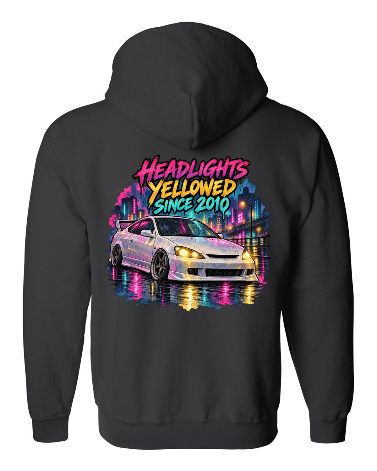 Sticker bomb collage print of a 1995 Honda Integra DC2 coupe with Teg is not an ITR text black zip hoodie back view with the design