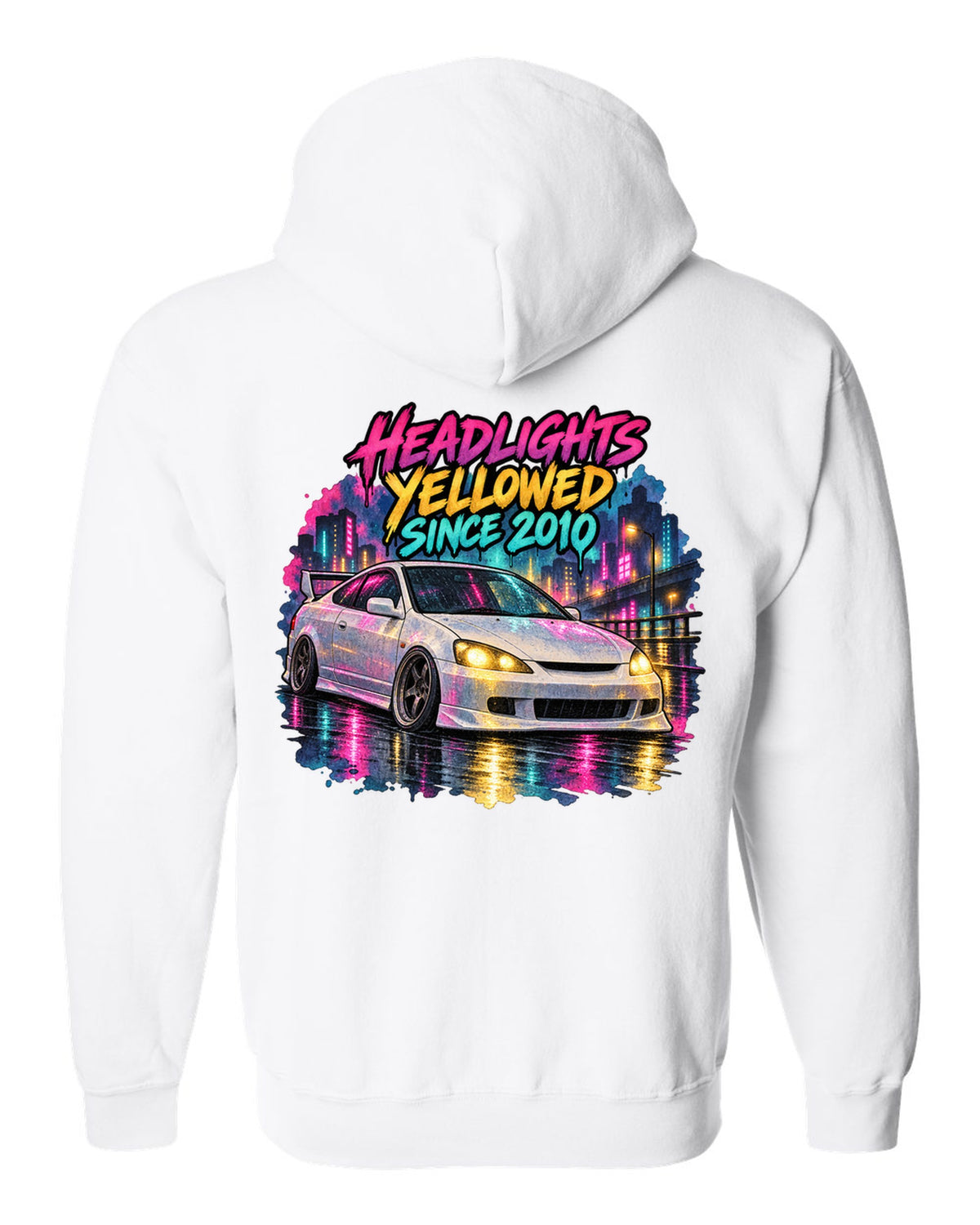 Sticker bomb collage print of a 1995 Honda Integra DC2 coupe with Teg is not an ITR text white zip hoodie back view with the design