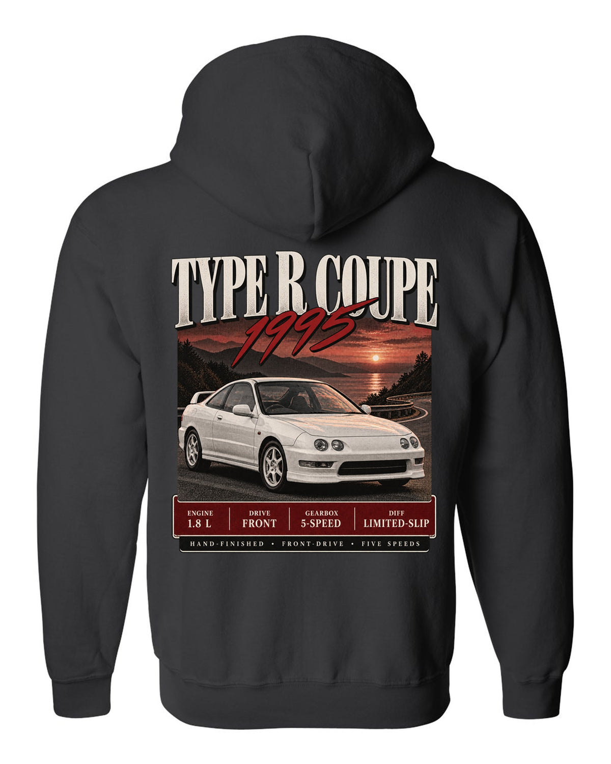 Honda Integra DC2 Type R coupe archive panel design labelled The Teg black zip hoodie back view with the design