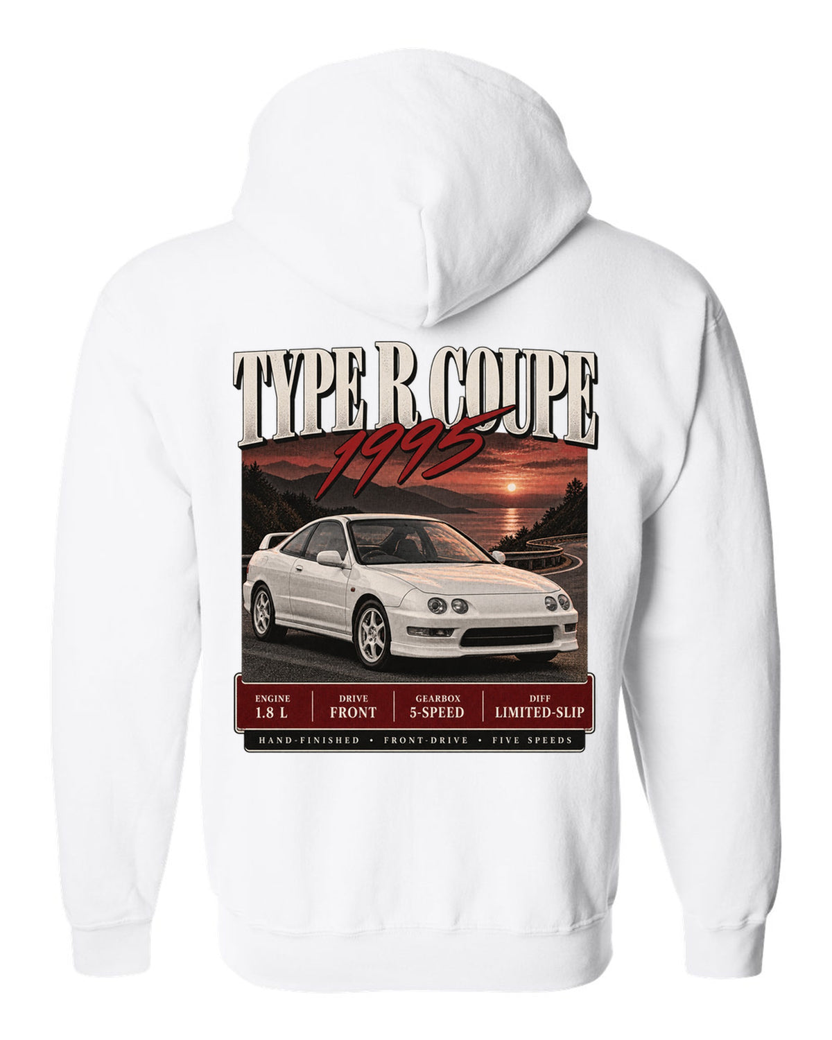 Honda Integra DC2 Type R coupe archive panel design labelled The Teg white zip hoodie back view with the design