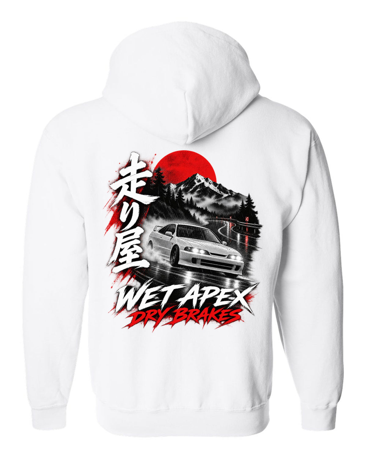 Honda Integra DC2 coupe touge night design with wet apex dry brakes text white zip hoodie back view with the design