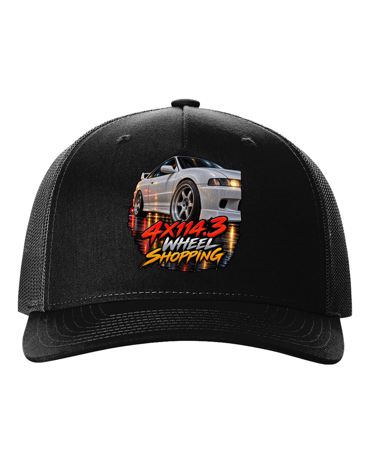 Cinematic macro painting print of a wet wheel on a 1995 Honda Integra DC2 coupe with 4x114.3 text black hat front view with the design