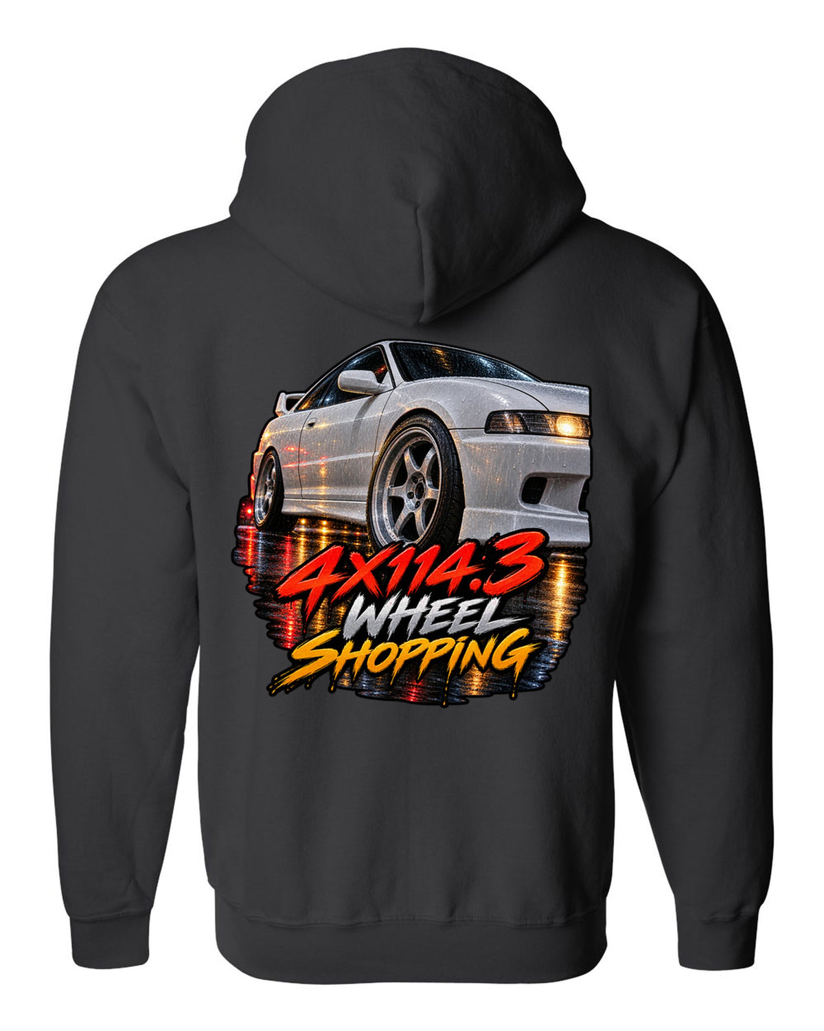 Cinematic macro painting print of a wet wheel on a 1995 Honda Integra DC2 coupe with 4x114.3 text black zip hoodie back view with the design