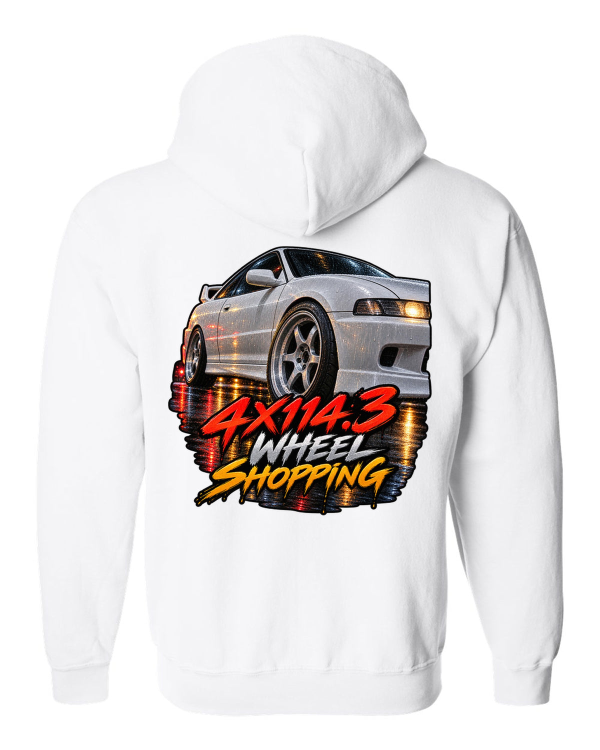 Cinematic macro painting print of a wet wheel on a 1995 Honda Integra DC2 coupe with 4x114.3 text white zip hoodie back view with the design