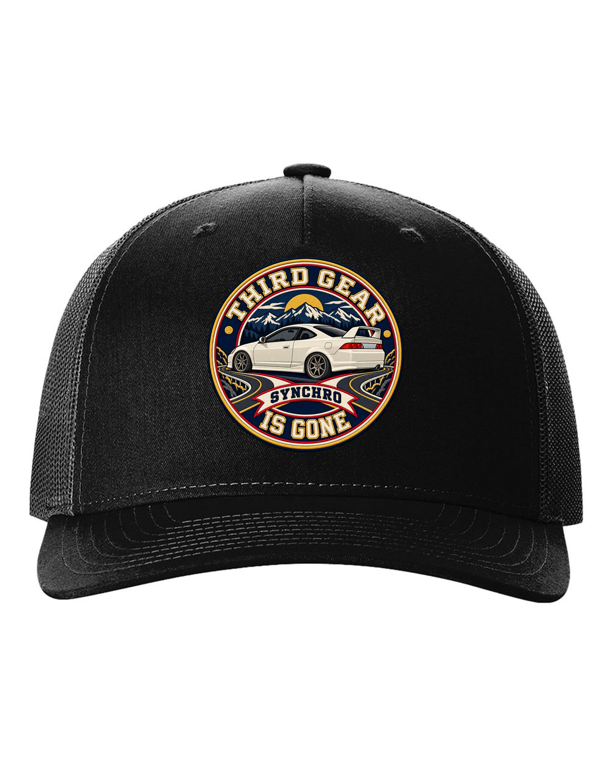Embroidery patch style print of a 2002 Honda Integra DC5 ch with third gear synchro text black hat front view with the design