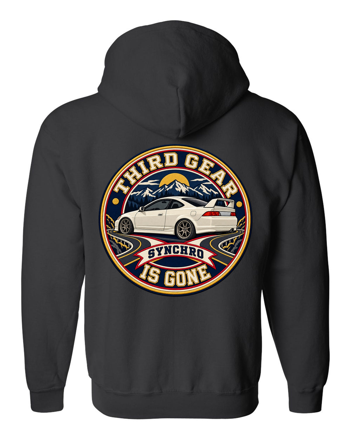 Embroidery patch style print of a 2002 Honda Integra DC5 ch with third gear synchro text black zip hoodie back view with the design