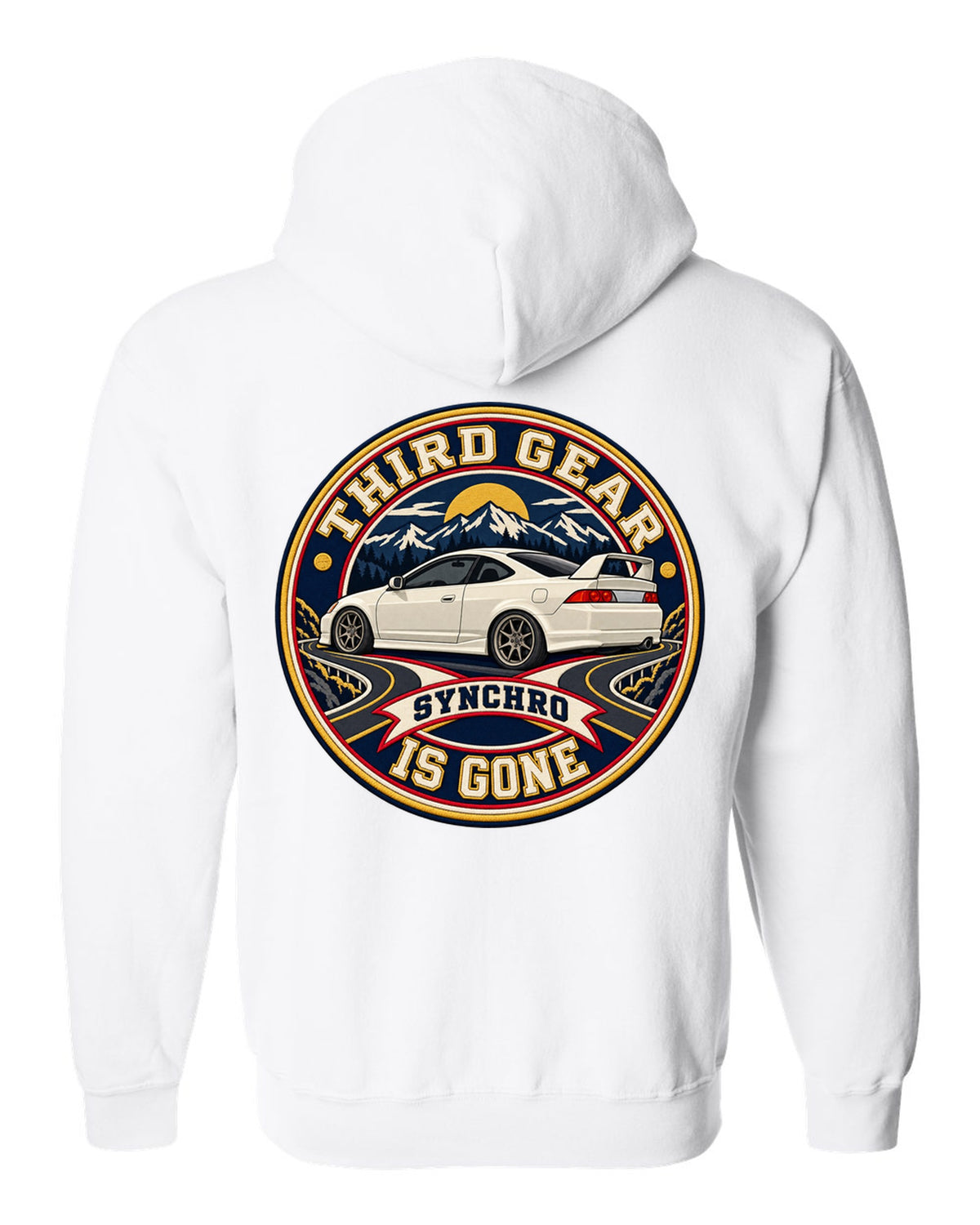 Embroidery patch style print of a 2002 Honda Integra DC5 ch with third gear synchro text white zip hoodie back view with the design