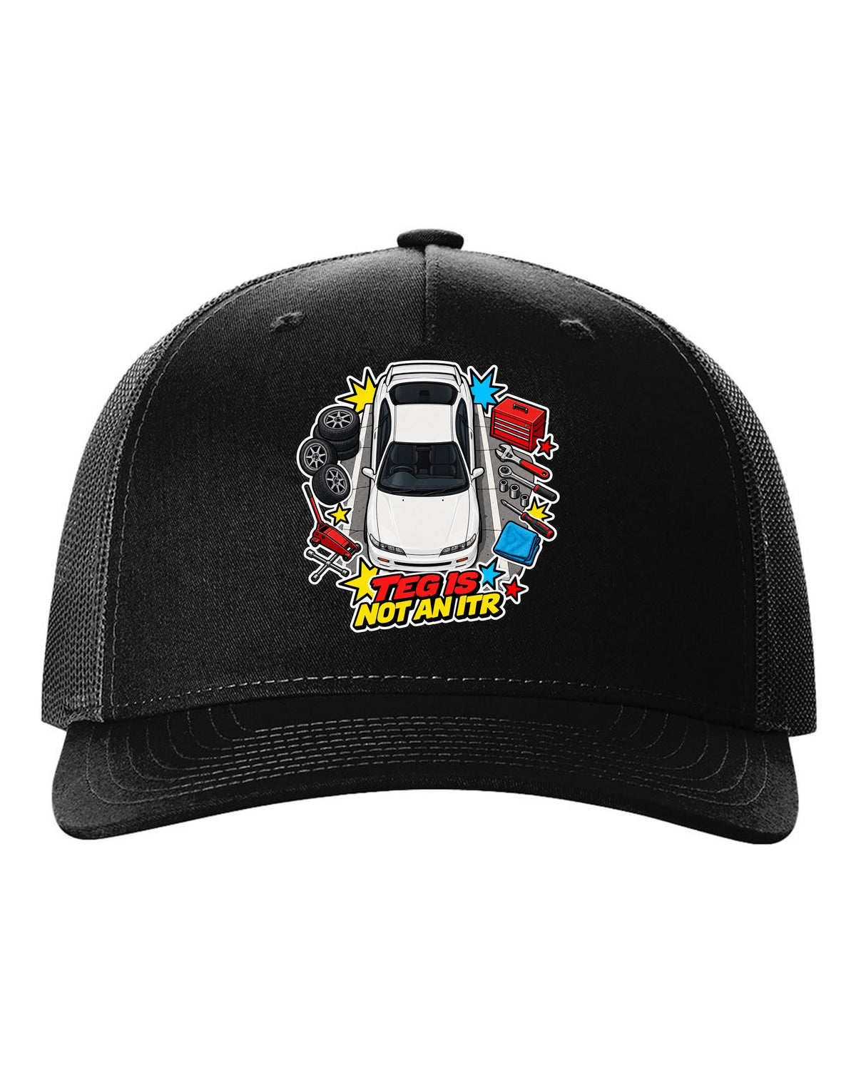 Retro Showa catalogue ad style print of a 2002 Honda Integra DC5 ch with K20A six speed text black hat front view with the design