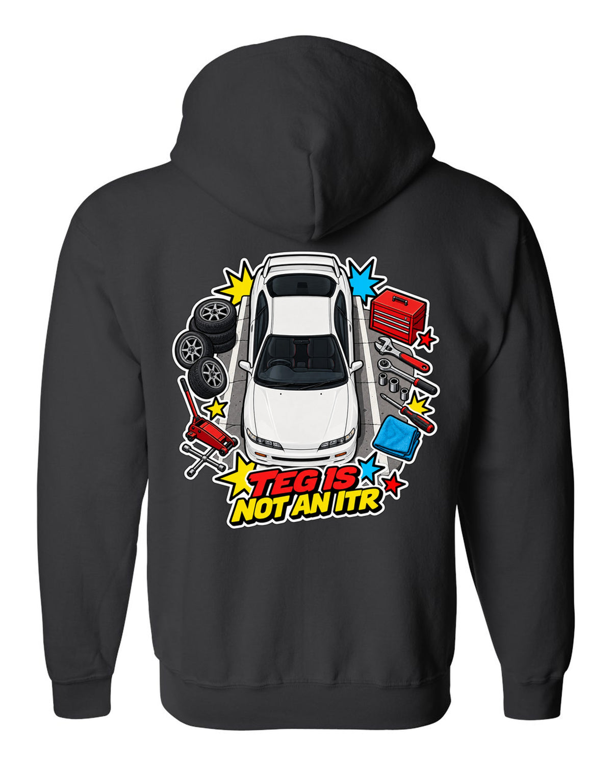 Retro Showa catalogue ad style print of a 2002 Honda Integra DC5 ch with K20A six speed text black zip hoodie back view with the design