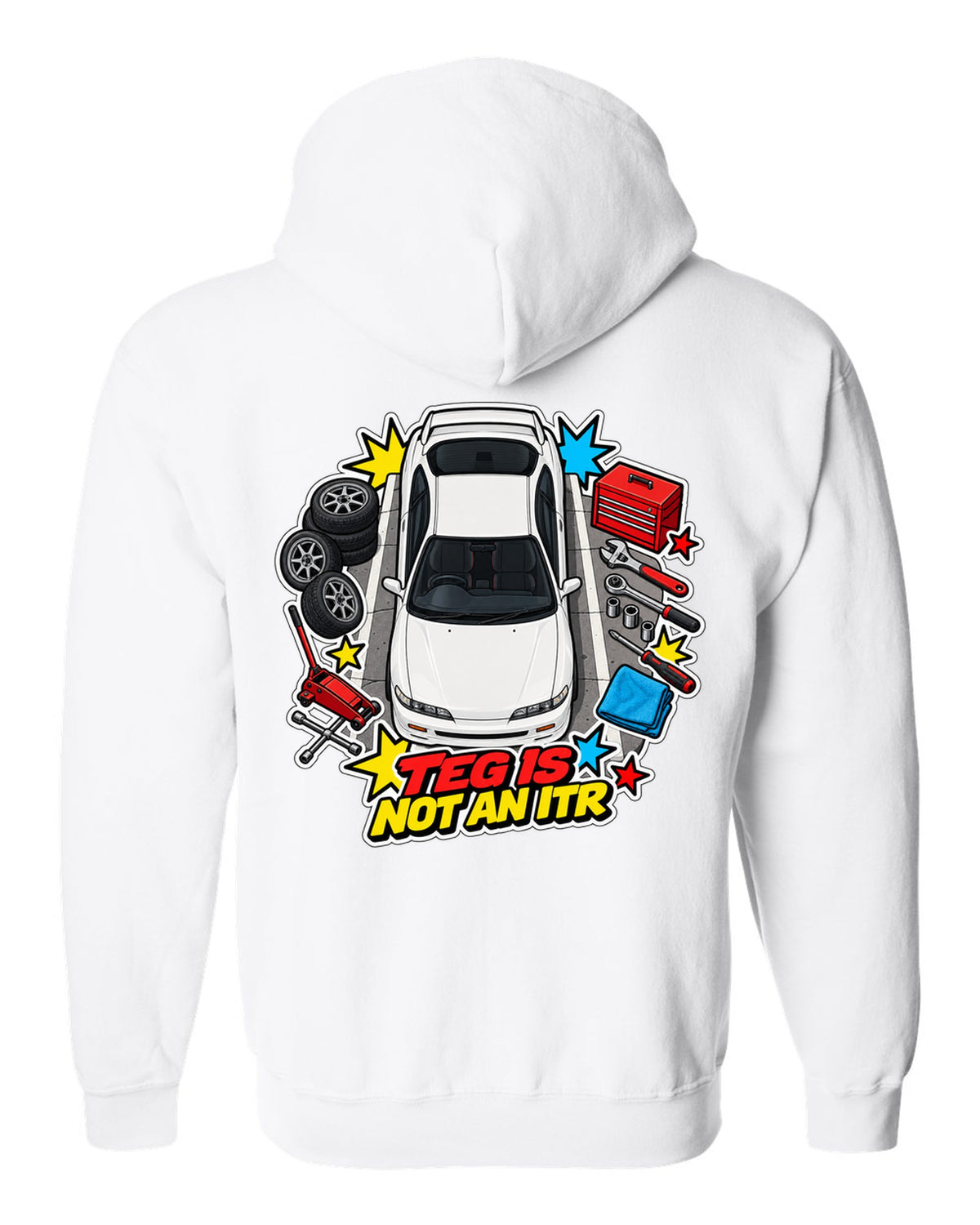 Retro Showa catalogue ad style print of a 2002 Honda Integra DC5 ch with K20A six speed text white zip hoodie back view with the design