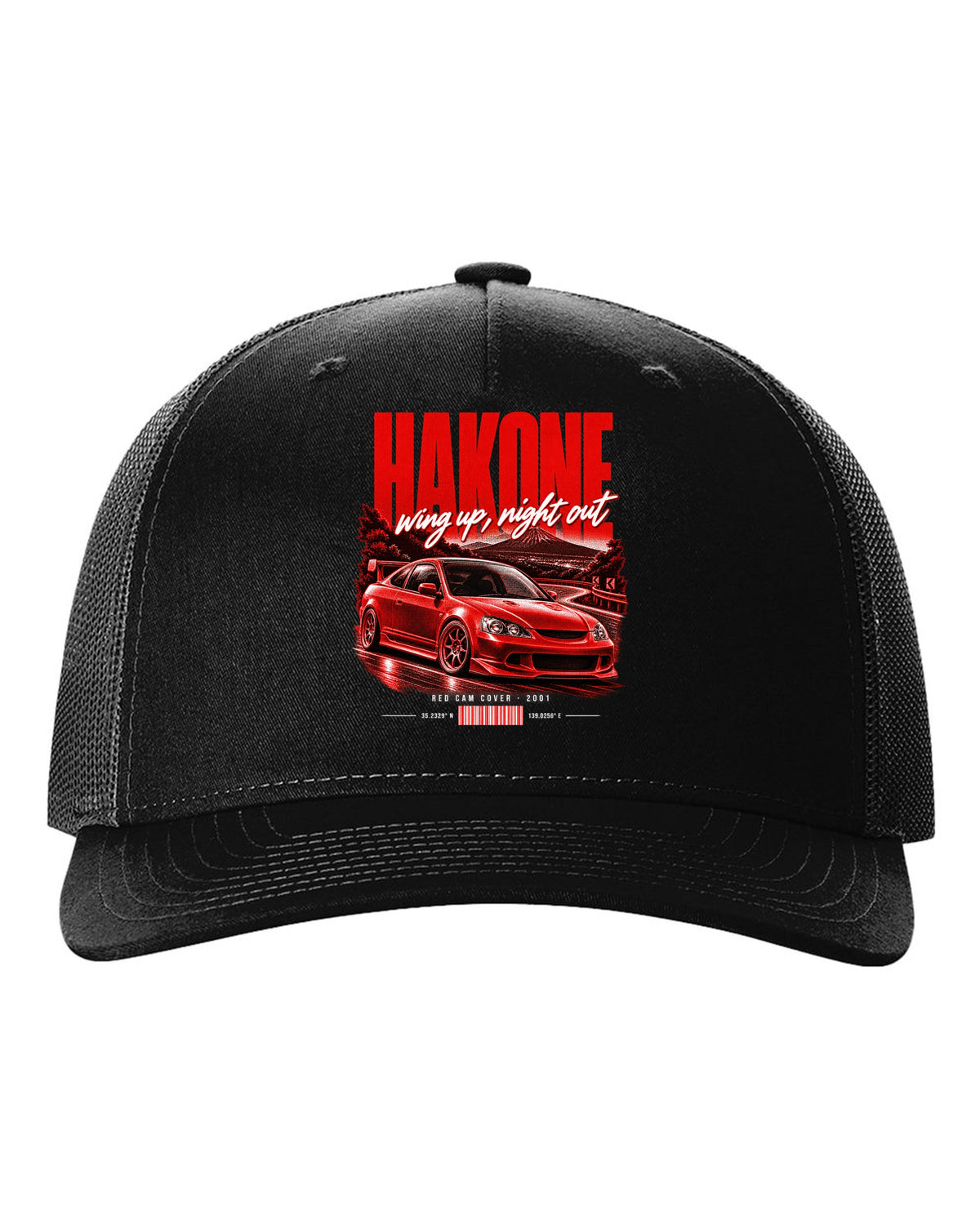Honda Integra DC5 Type R chback street poster with Hakone and red cam cover text black hat front view with the design