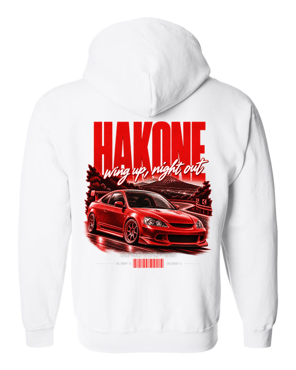Honda Integra DC5 Type R chback street poster with Hakone and red cam cover text white zip hoodie back view with the design